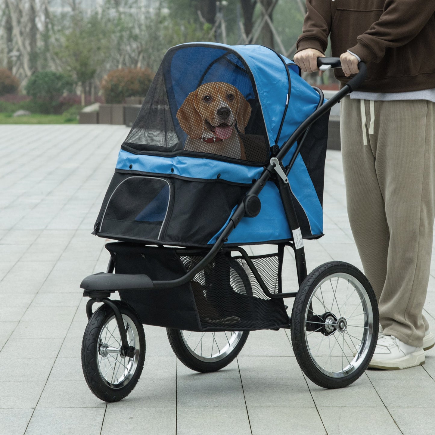 Dog Pram Dog Stroller Jogger Foldable Pet Pushchair for Medium, Small Dogs, w/ Rubber Wheels, Washable Cushion - Blue