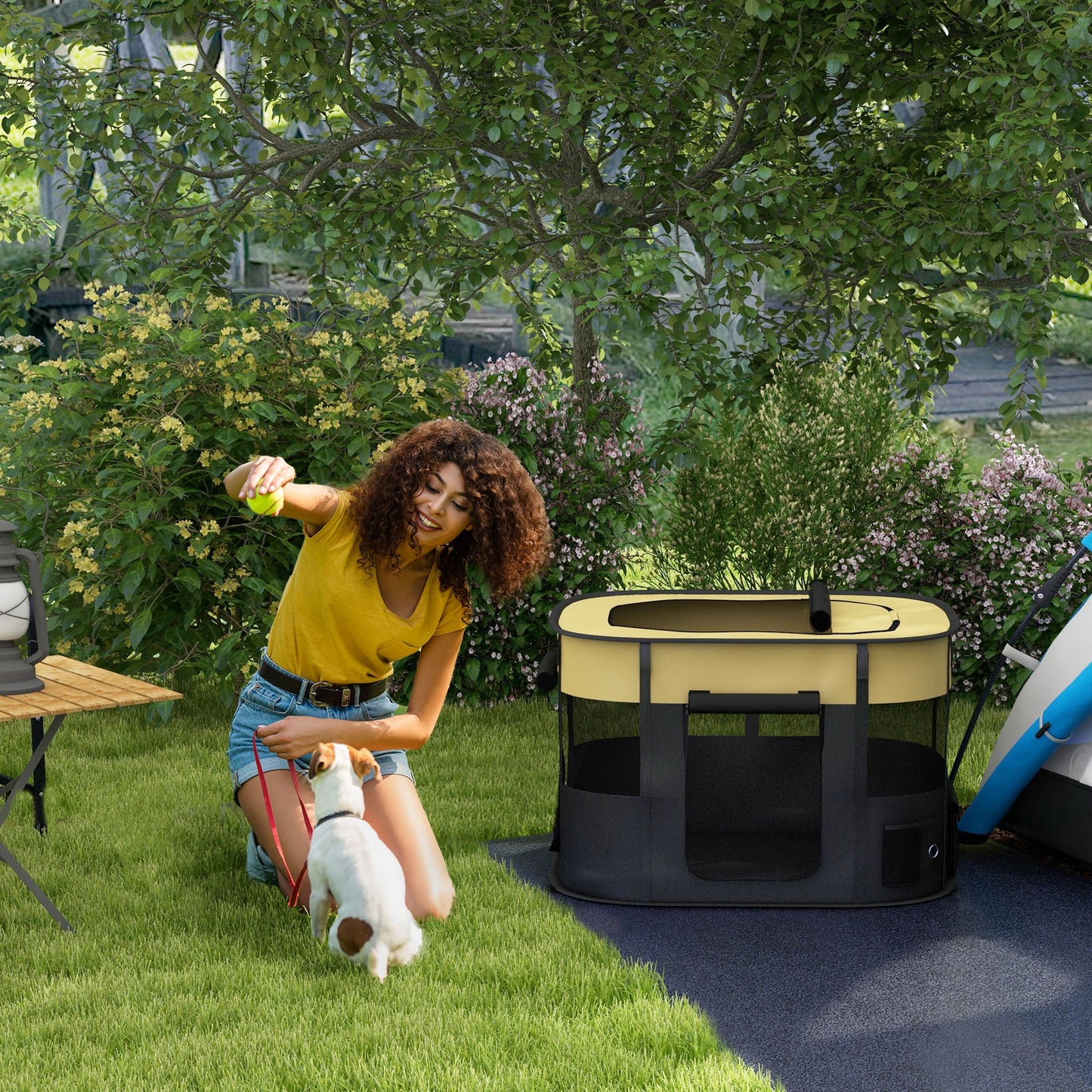 Dog Pen, Pet Playpen, Portable Foldable Dog Cat Playpen Soft Pet Cage with Storage Bag for Puppies, Rabbits, Kittens, Guinea Pigs, 94 x 74 x 60cm - Yellow