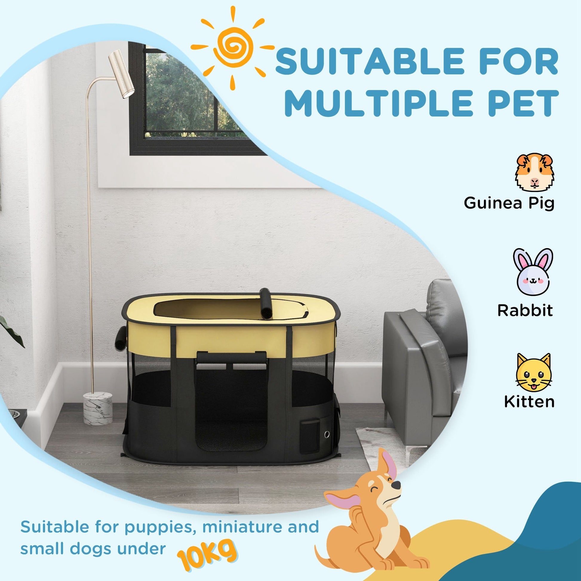 Dog Pen, Pet Playpen, Portable Foldable Dog Cat Playpen Soft Pet Cage with Storage Bag for Puppies, Rabbits, Kittens, Guinea Pigs, 94 x 74 x 60cm - Yellow