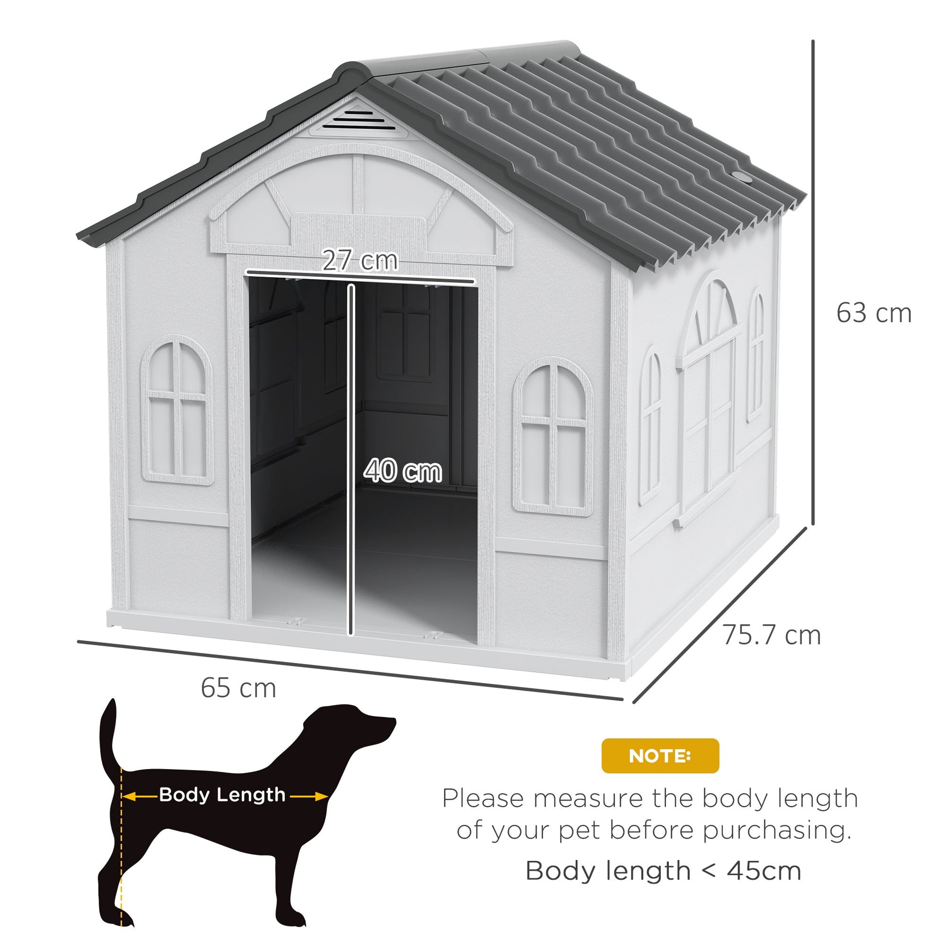 Plastic Dog House Outdoor Indoor, Weather-Resistant Dog Kennel, with Large Opening, for Medium Dogs, 65 x 75.7 x 63cm - Grey