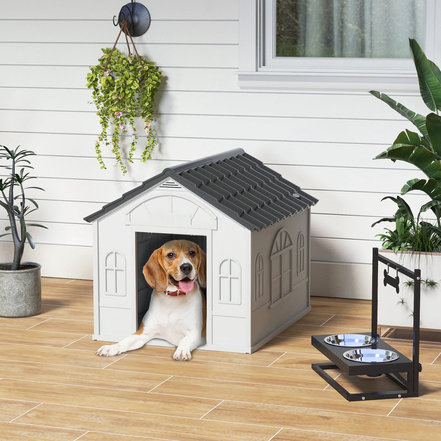 Plastic Dog House Outdoor Indoor, Weather-Resistant Dog Kennel, with Large Opening, for Medium Dogs, 65 x 75.7 x 63cm - Grey