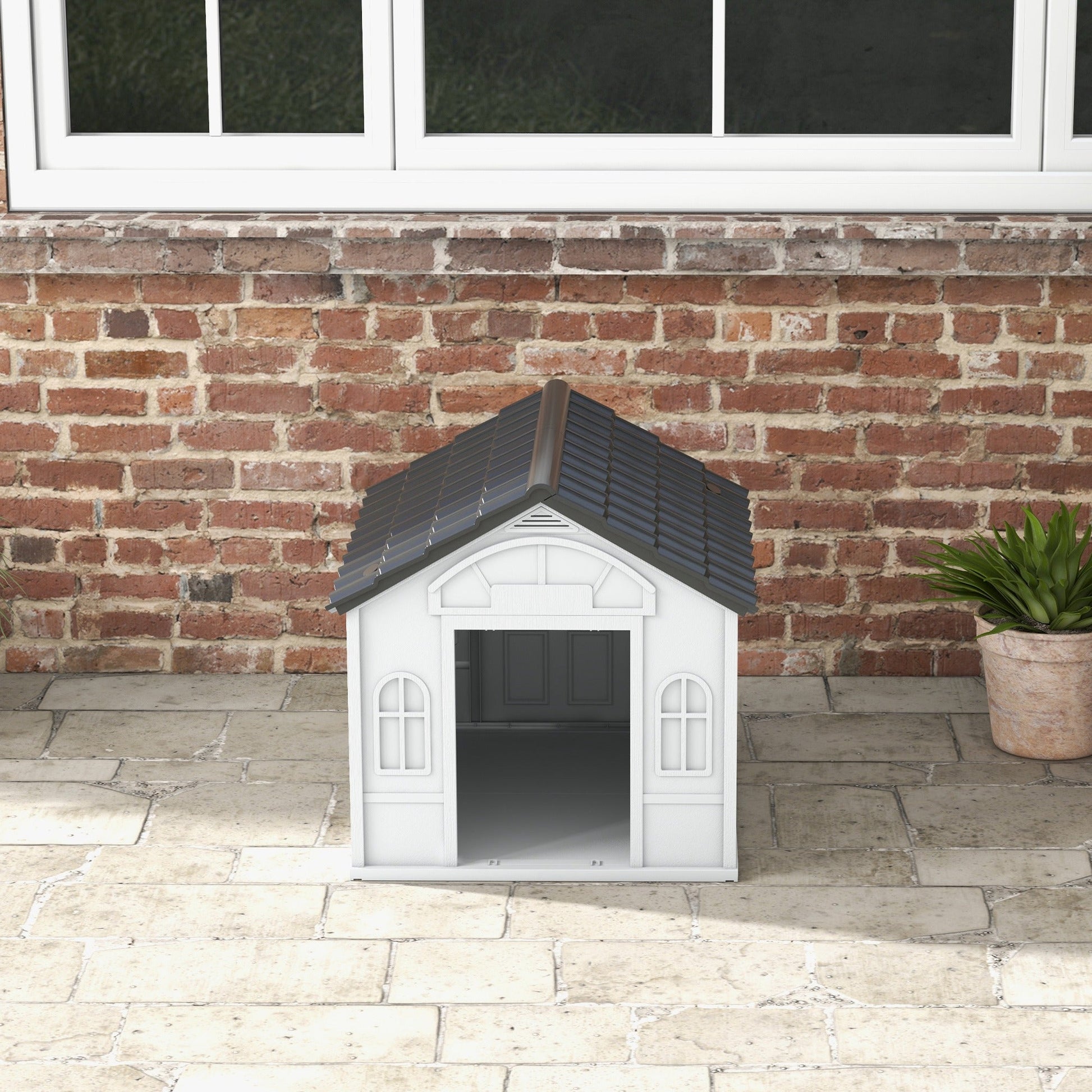 Plastic Dog House Outdoor Indoor, Weather-Resistant Dog Kennel, with Large Opening, for Medium Dogs, 65 x 75.7 x 63cm - Grey