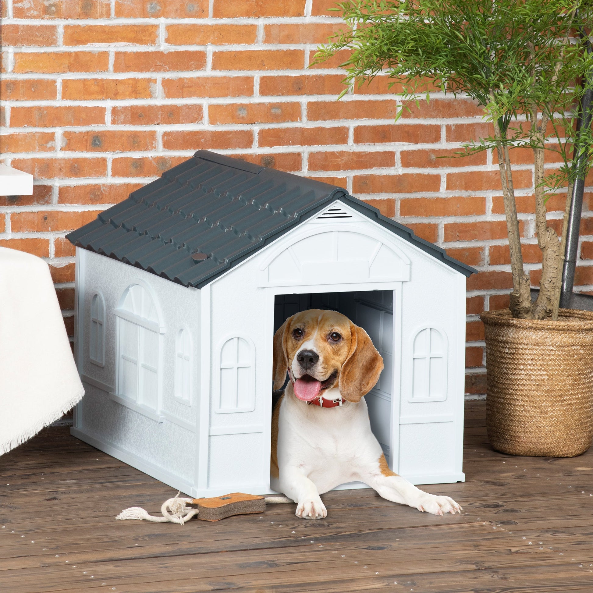 Plastic Dog House Outdoor Indoor, Weather-Resistant Dog Kennel, with Large Opening, for Medium Dogs, 65 x 75.7 x 63cm - Grey