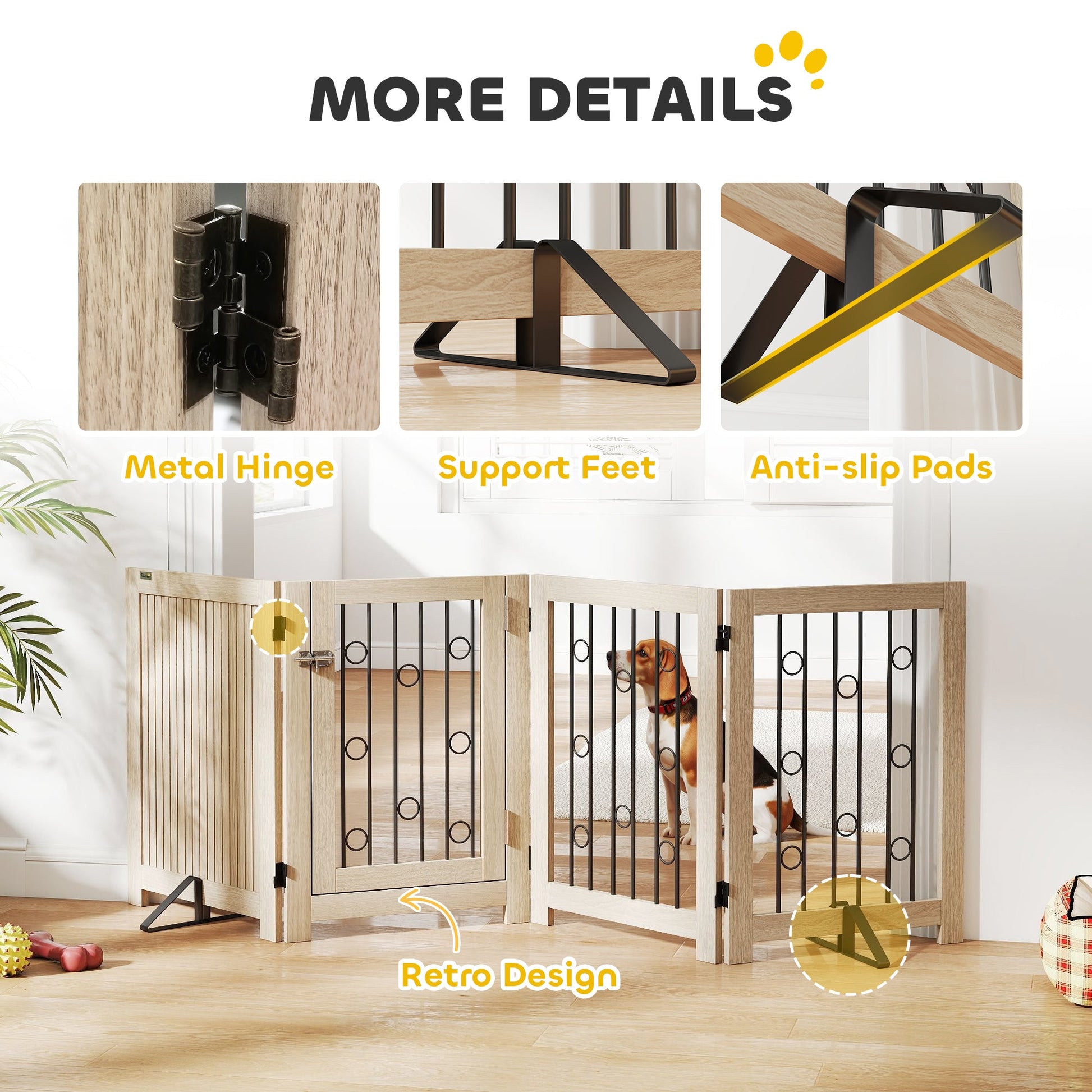 Freestanding Pet Gate, Foldable Dog Gate with Lockable Door, Support Feet & 360° Flexible Hinges, 4 Panel Indoor Safety Dog Barrier for House, Stairs, Doorway, 205 x 30.5 x 70 cm, Oak