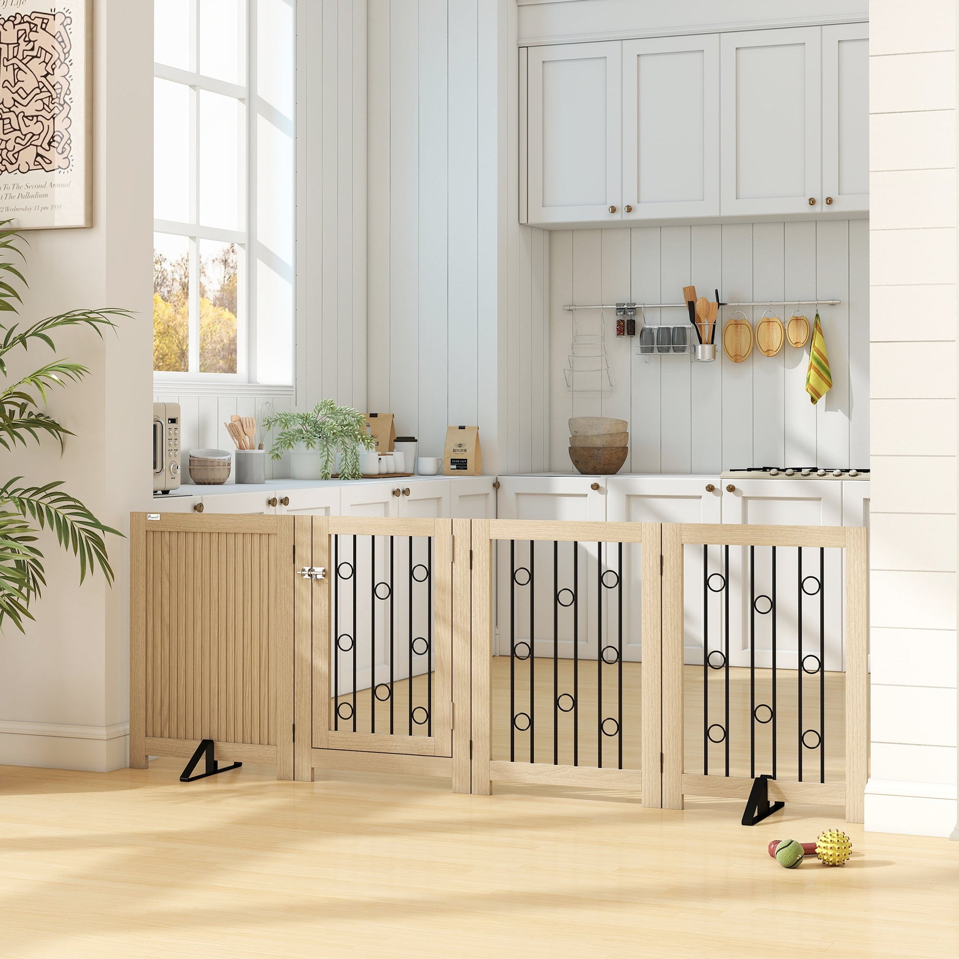 Freestanding Pet Gate, Foldable Dog Gate with Lockable Door, Support Feet & 360° Flexible Hinges, 4 Panel Indoor Safety Dog Barrier for House, Stairs, Doorway, 205 x 30.5 x 70 cm, Oak