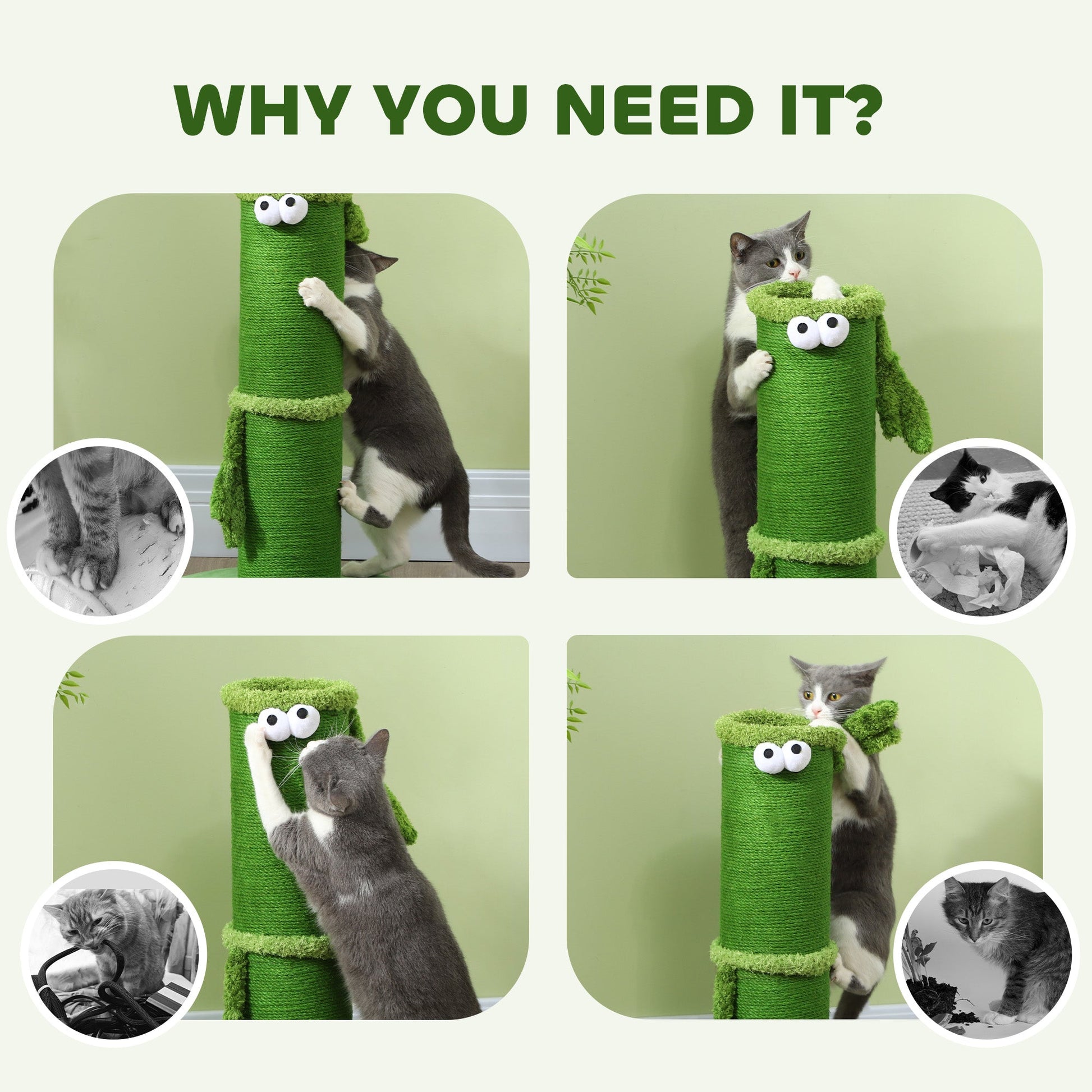 Cat Scratching Post for Indoor Cats, 63cm Tall Cat Scratcher Post with Sisal Rope Cover, Large Base, Green