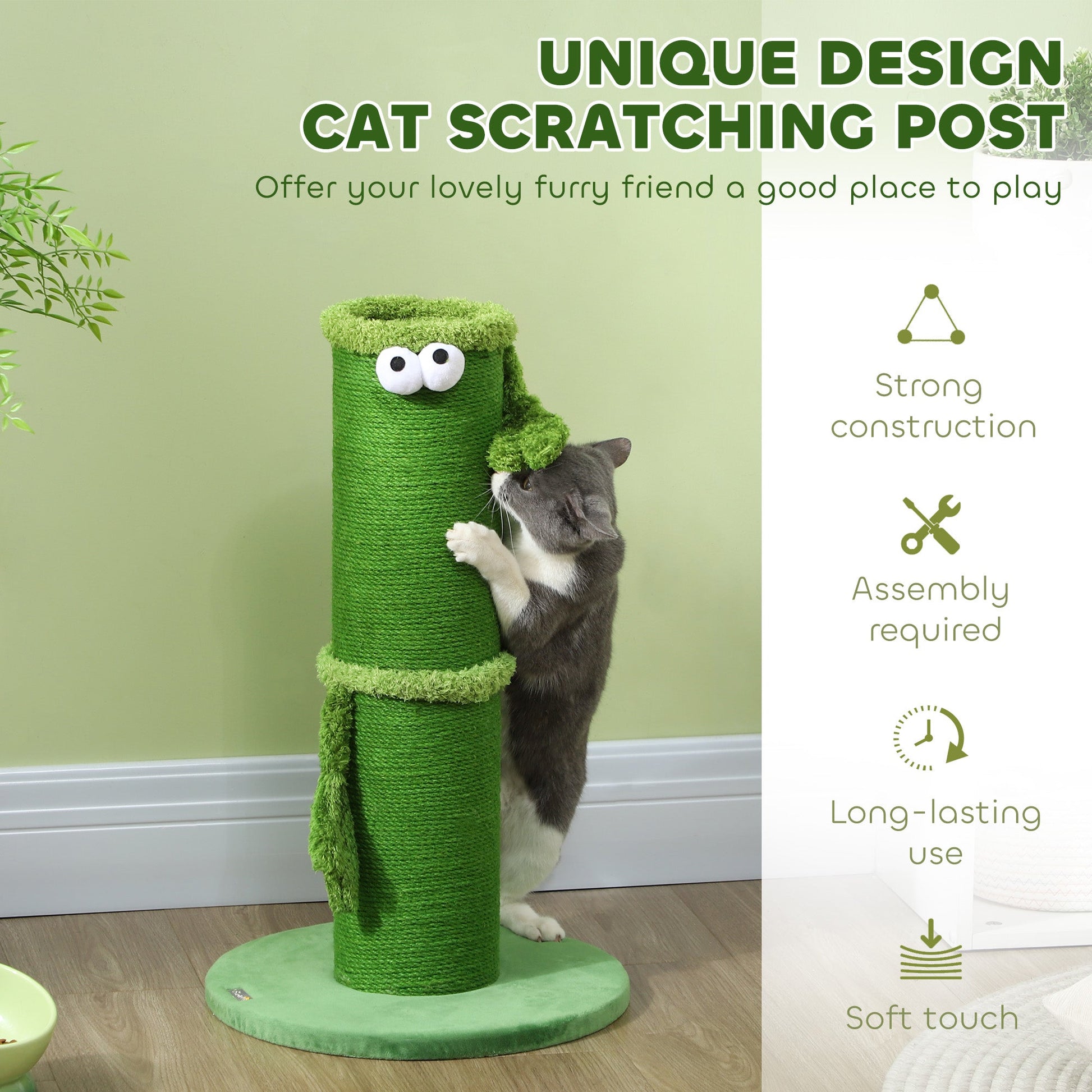 Cat Scratching Post for Indoor Cats, 63cm Tall Cat Scratcher Post with Sisal Rope Cover, Large Base, Green