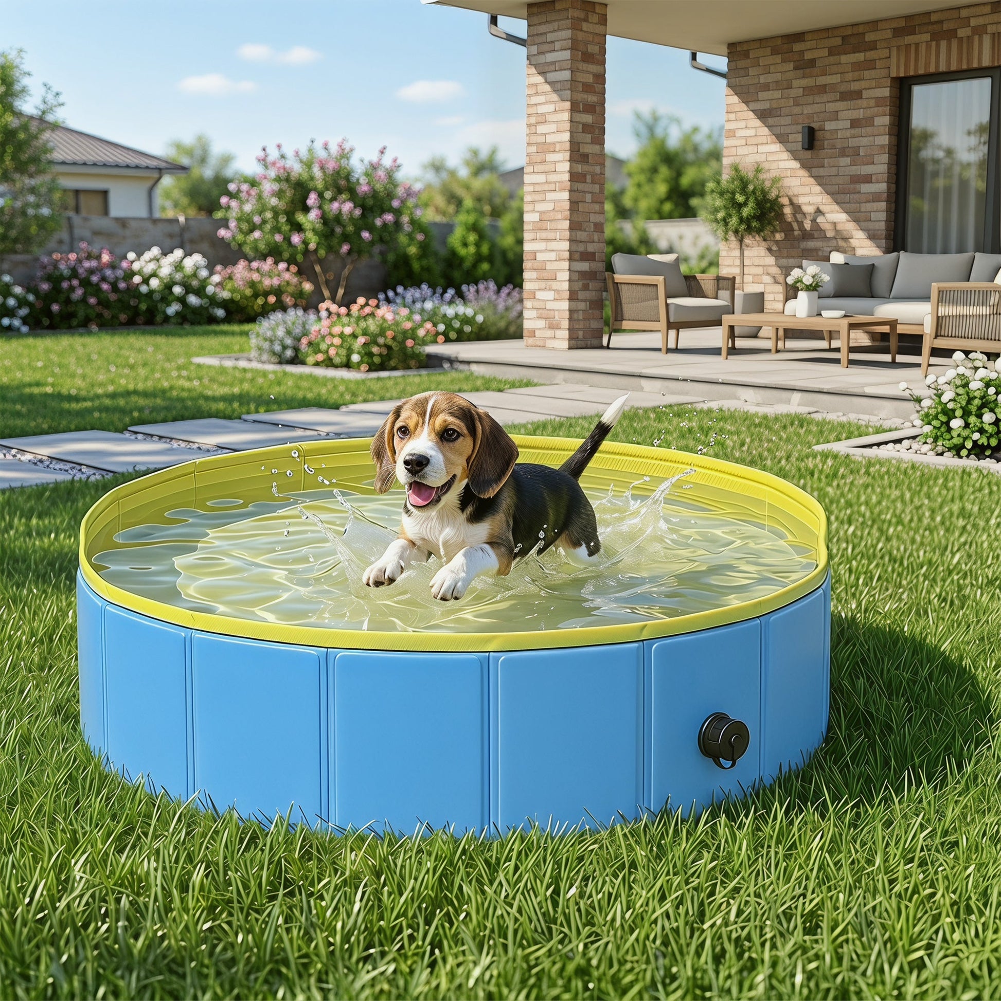Foldable Dog Pool for Puppies and Ducks, Thickened PVC Dog Paddling Pool Bath Tub Hard Board, Anti-Slip Bottom and Hose Adapter for Easy Drainage, 100 x 30cm, Blue and Yellow