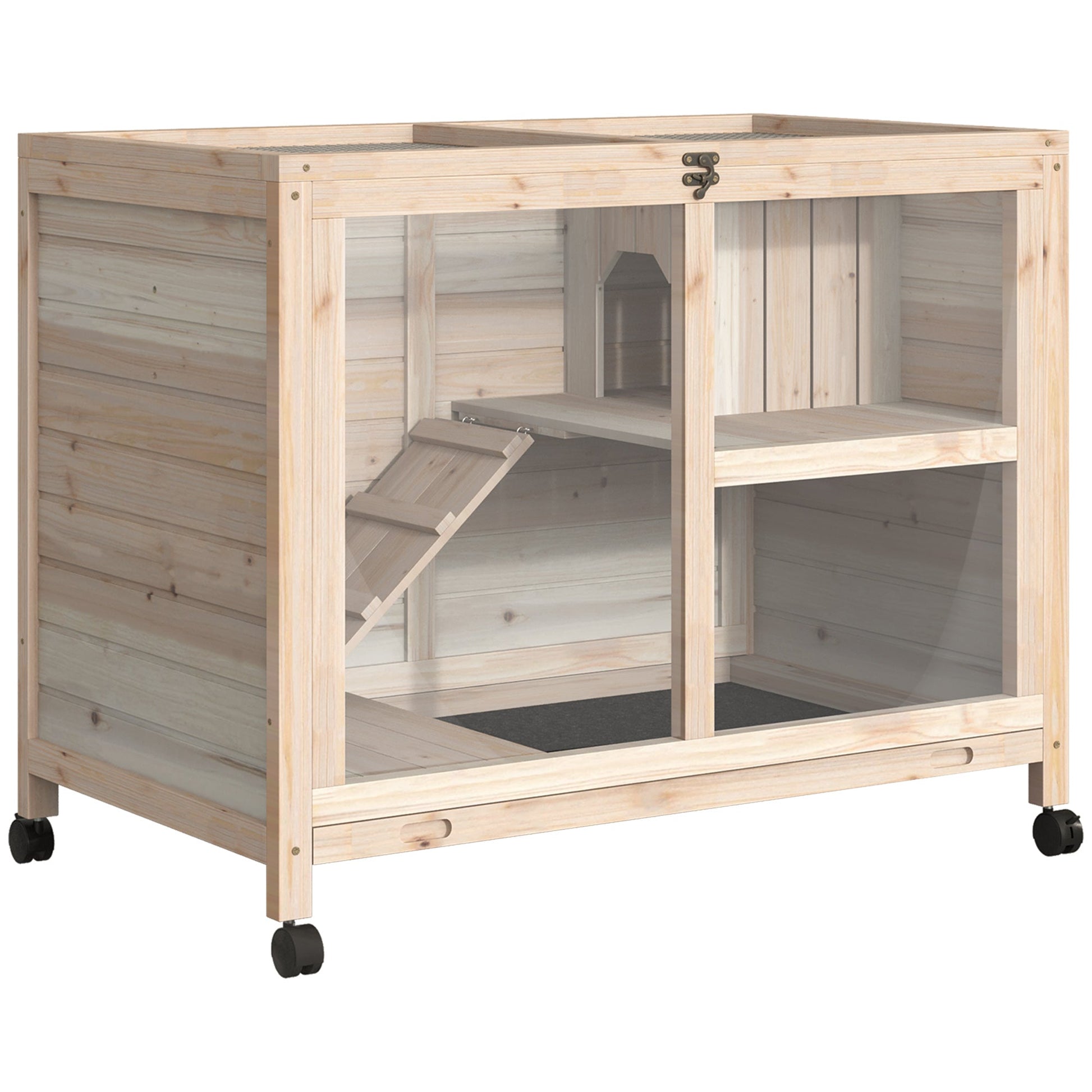Rabbit Hutch Indoor Wooden Guinea Pig House Hamster Cage with Wheels, 2 Layers Bunny Cage with Openable Roof, 91.5 x 53.3 x 73 cm, Natural