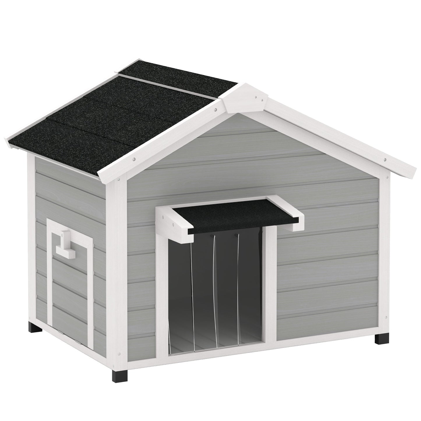 Dog House Wooden Dog Kennel Outdoor with Openable Asphalt Roof, Removable Floor, Door Curtain, Elevated Feet, for Medium Breeds, Light Grey
