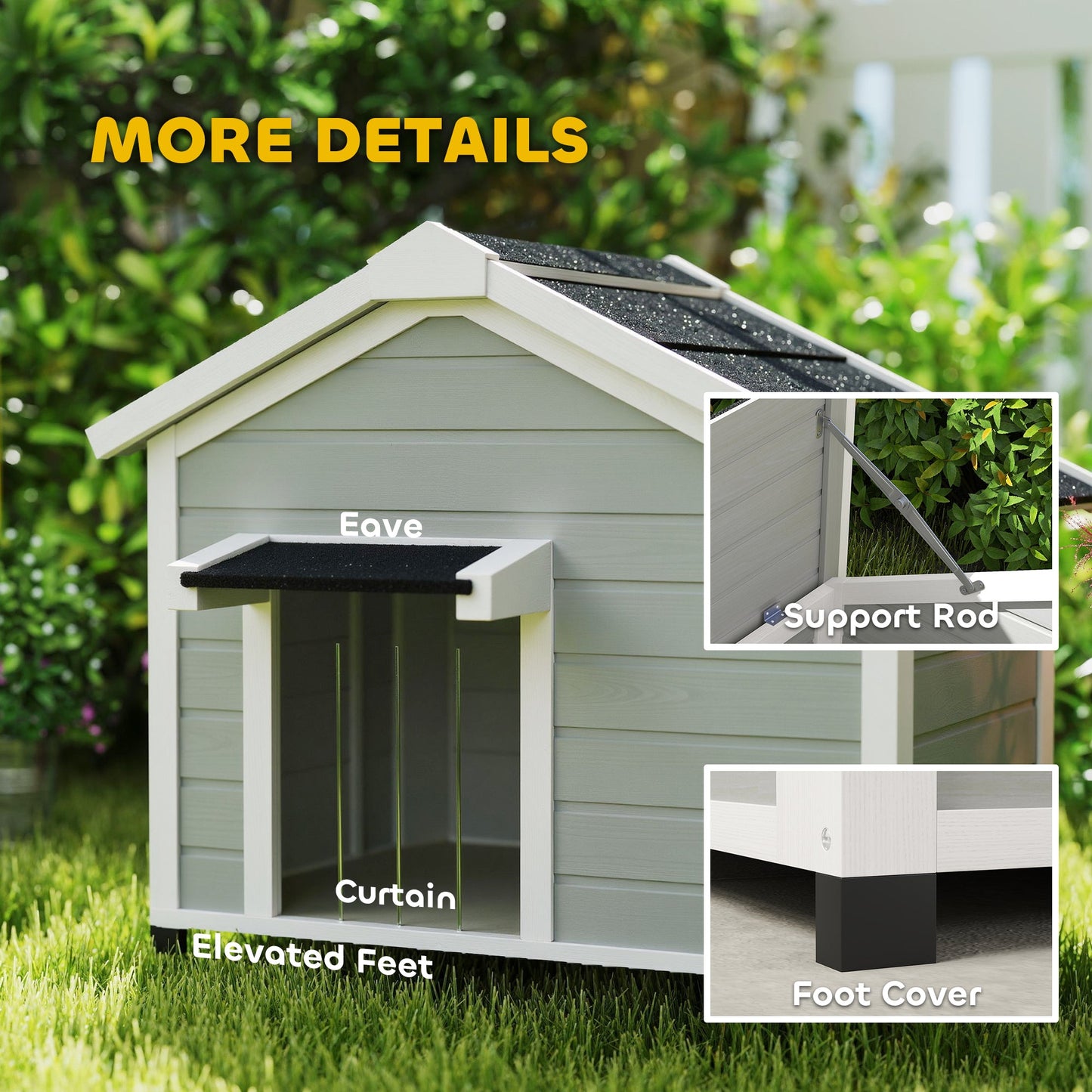 Dog House Wooden Dog Kennel Outdoor with Openable Asphalt Roof, Removable Floor, Door Curtain, Elevated Feet, for Medium Breeds, Light Grey