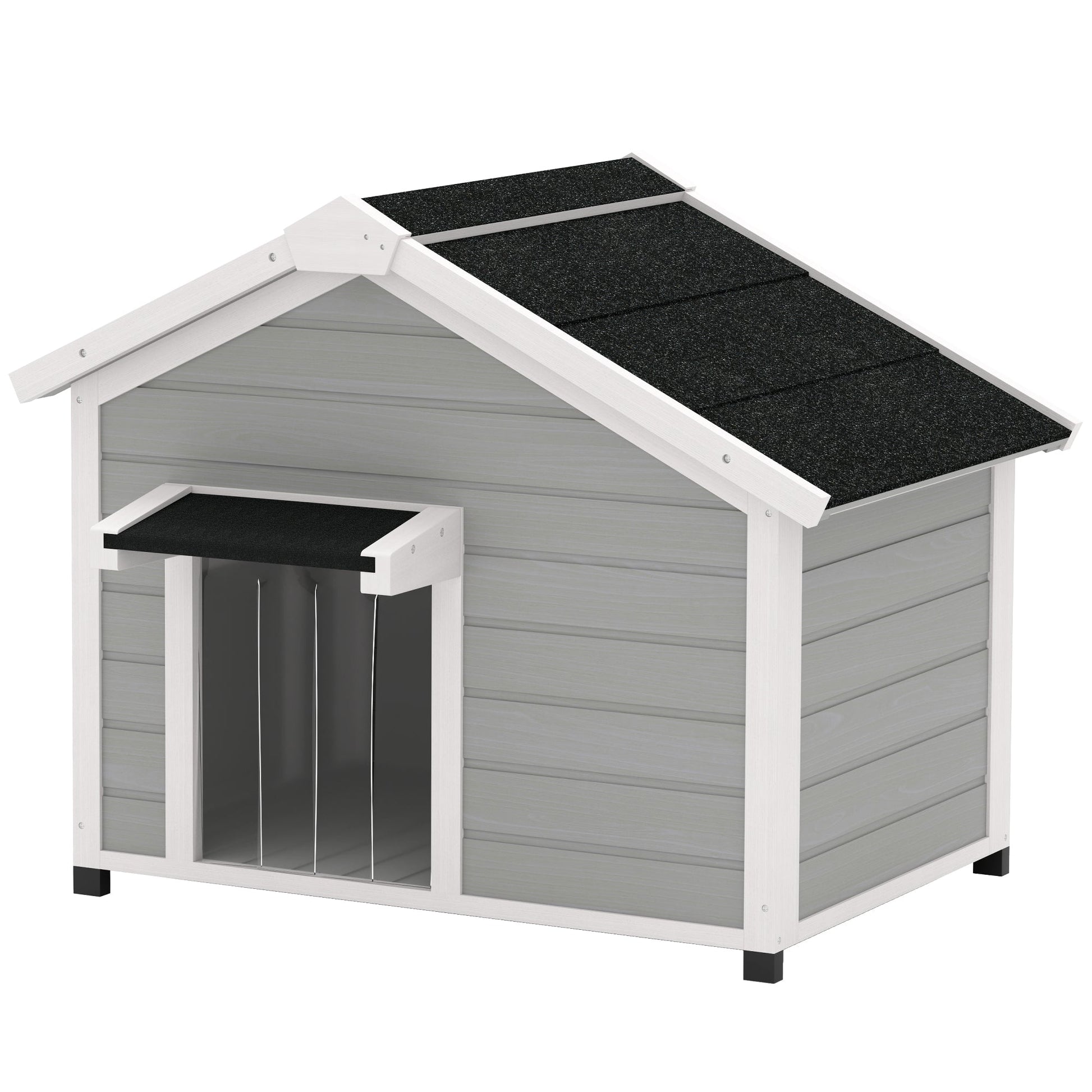 Dog House Wooden Dog Kennel Outdoor with Openable Asphalt Roof, Removable Floor, Door Curtain, Elevated Feet, for Medium Breeds, Light Grey