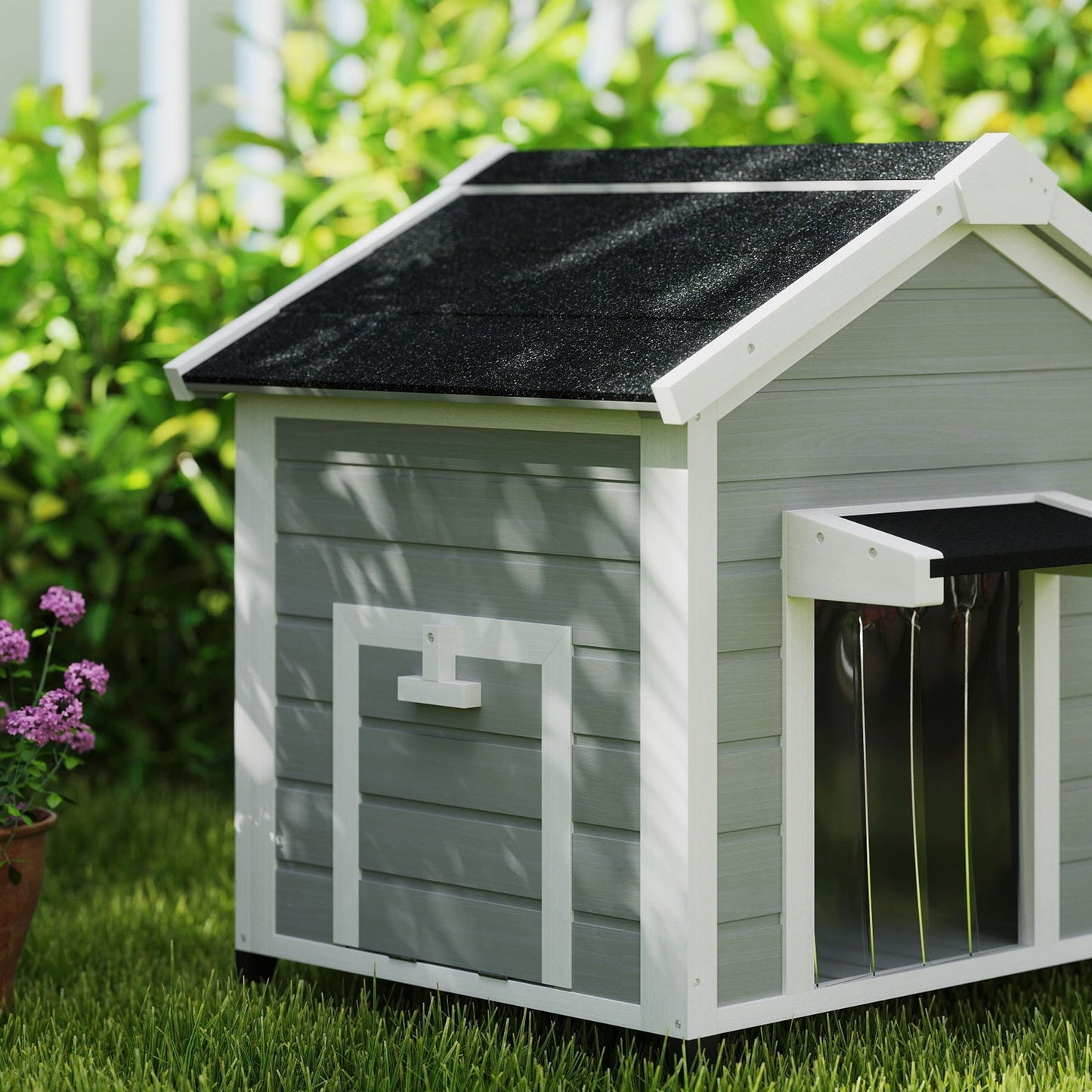 Dog House Wooden Dog Kennel Outdoor with Openable Asphalt Roof, Removable Floor, Door Curtain, Elevated Feet, for Medium Breeds, Light Grey