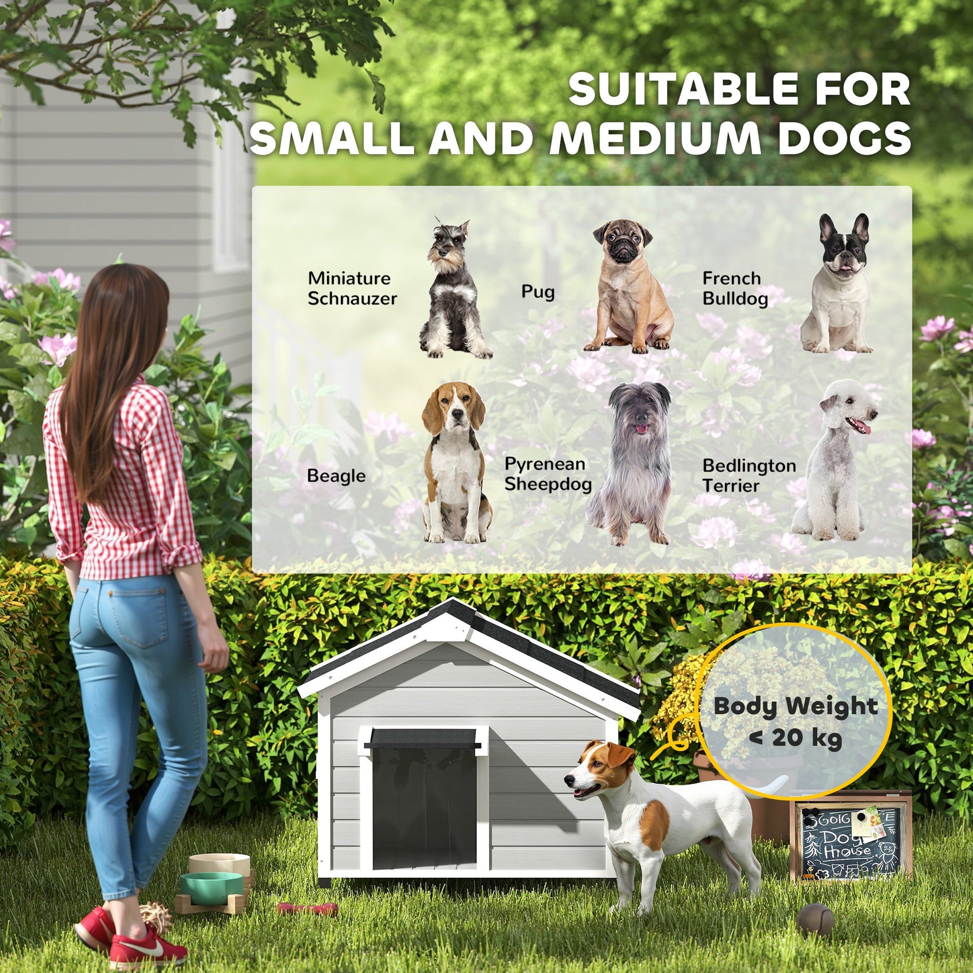Dog House Wooden Dog Kennel Outdoor with Openable Asphalt Roof, Removable Floor, Door Curtain, Elevated Feet, for Medium Breeds, Light Grey