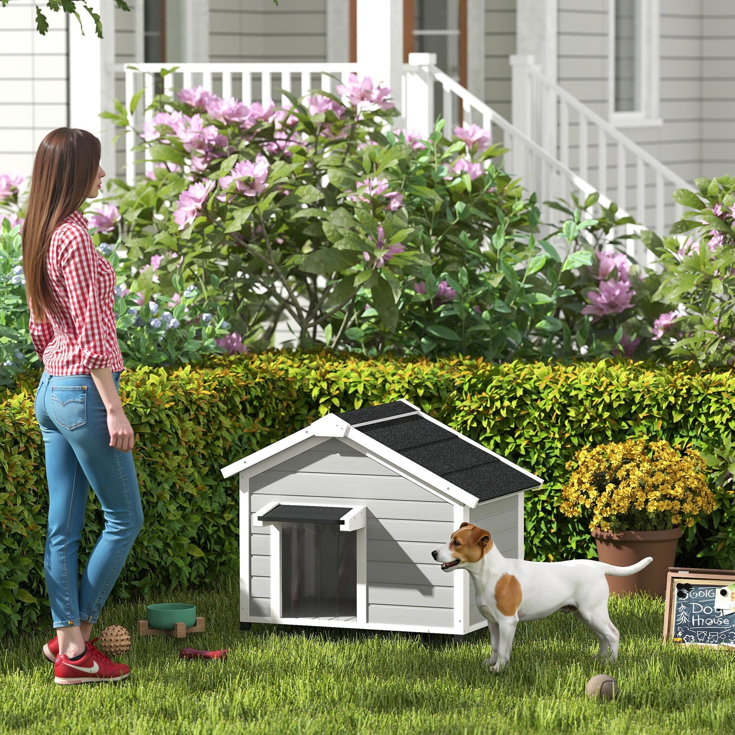 Dog House Wooden Dog Kennel Outdoor with Openable Asphalt Roof, Removable Floor, Door Curtain, Elevated Feet, for Medium Breeds, Light Grey