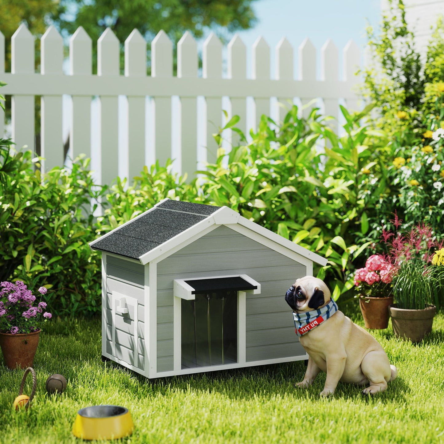 Dog House Wooden Dog Kennel Outdoor with Openable Asphalt Roof, Removable Floor, Door Curtain, Elevated Feet, for Medium Breeds, Light Grey