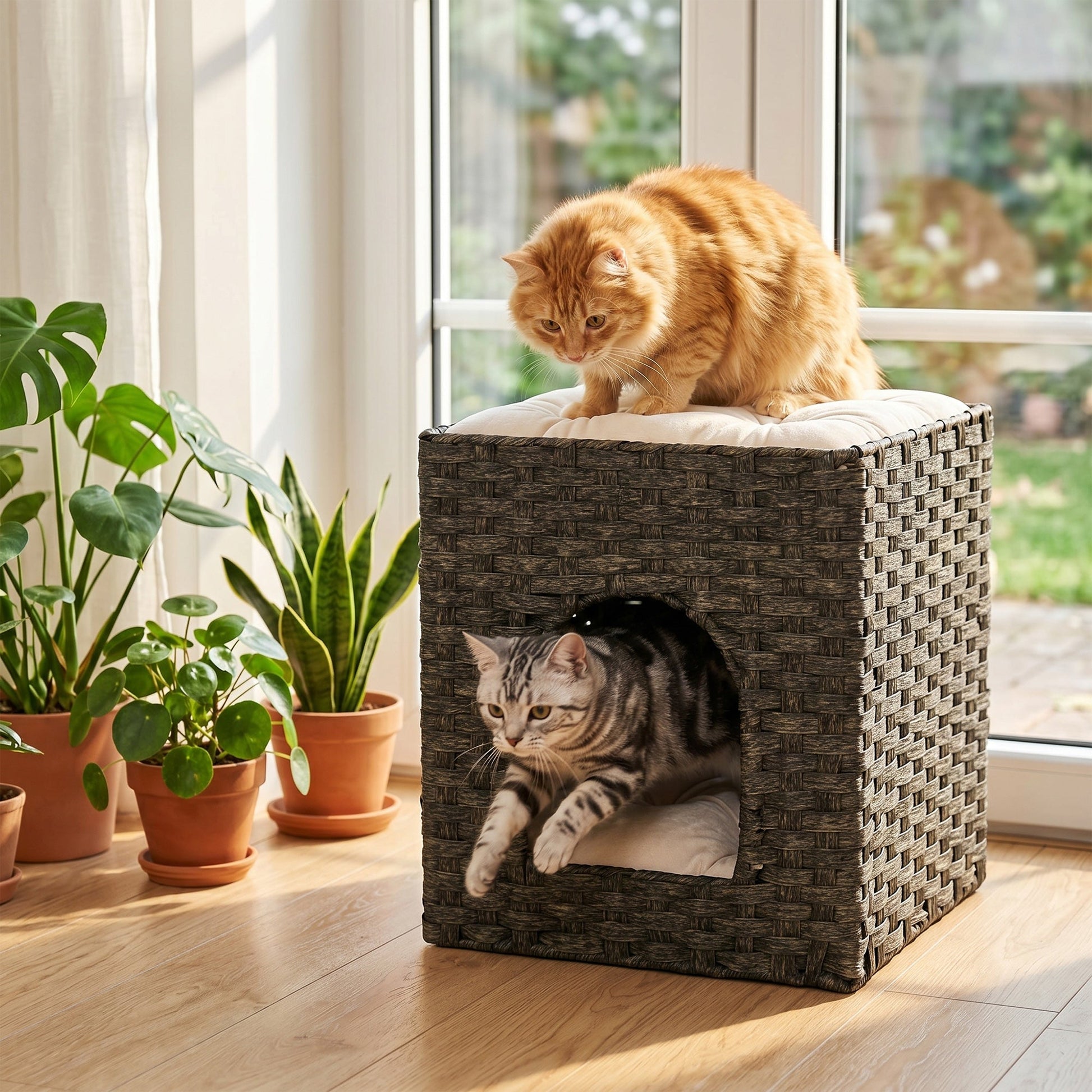 2-Tier Wicker Cat House, Handwoven Rattan Cat Bed with Washable Cushions, Indoor Kitten Condo Hideaway, 43 x 40 x 49 cm, Grey