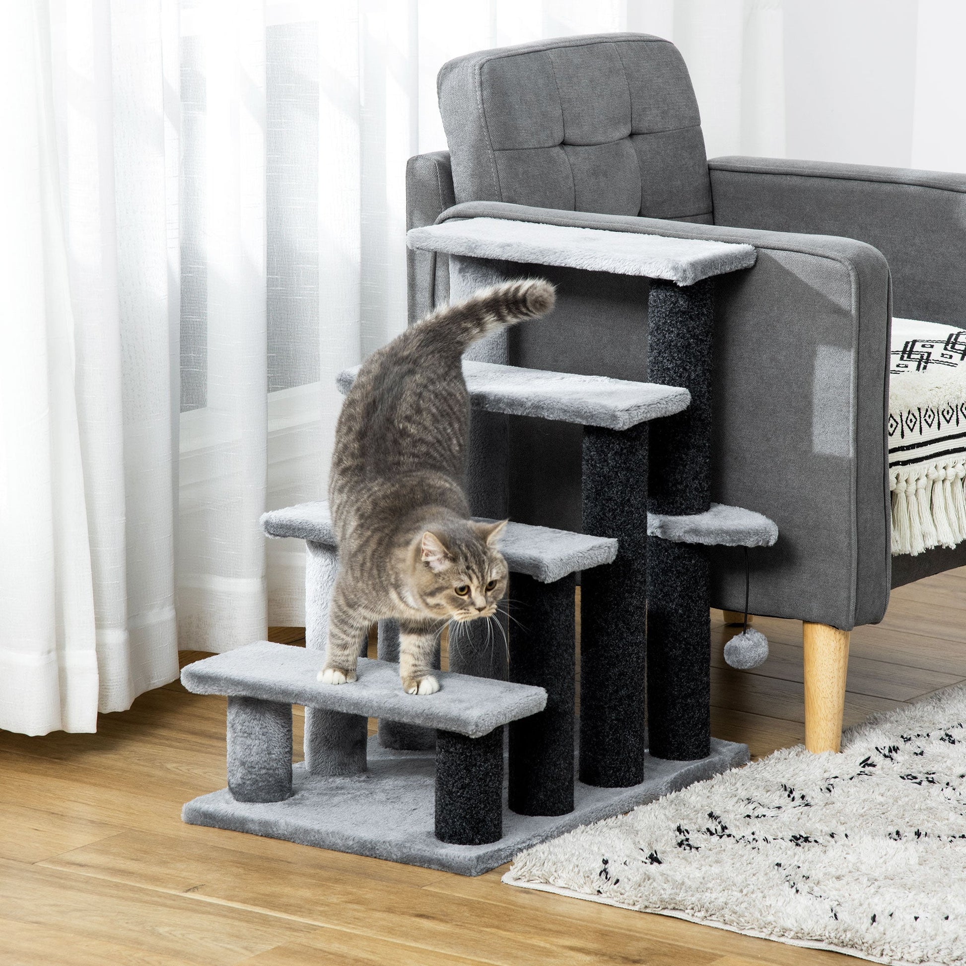 Pet Stairs, Cat Tree Climb Ladder with 4-step Stair, Scratching Posts, Platforms, Toy Ball, for Indoor Cats, Grey