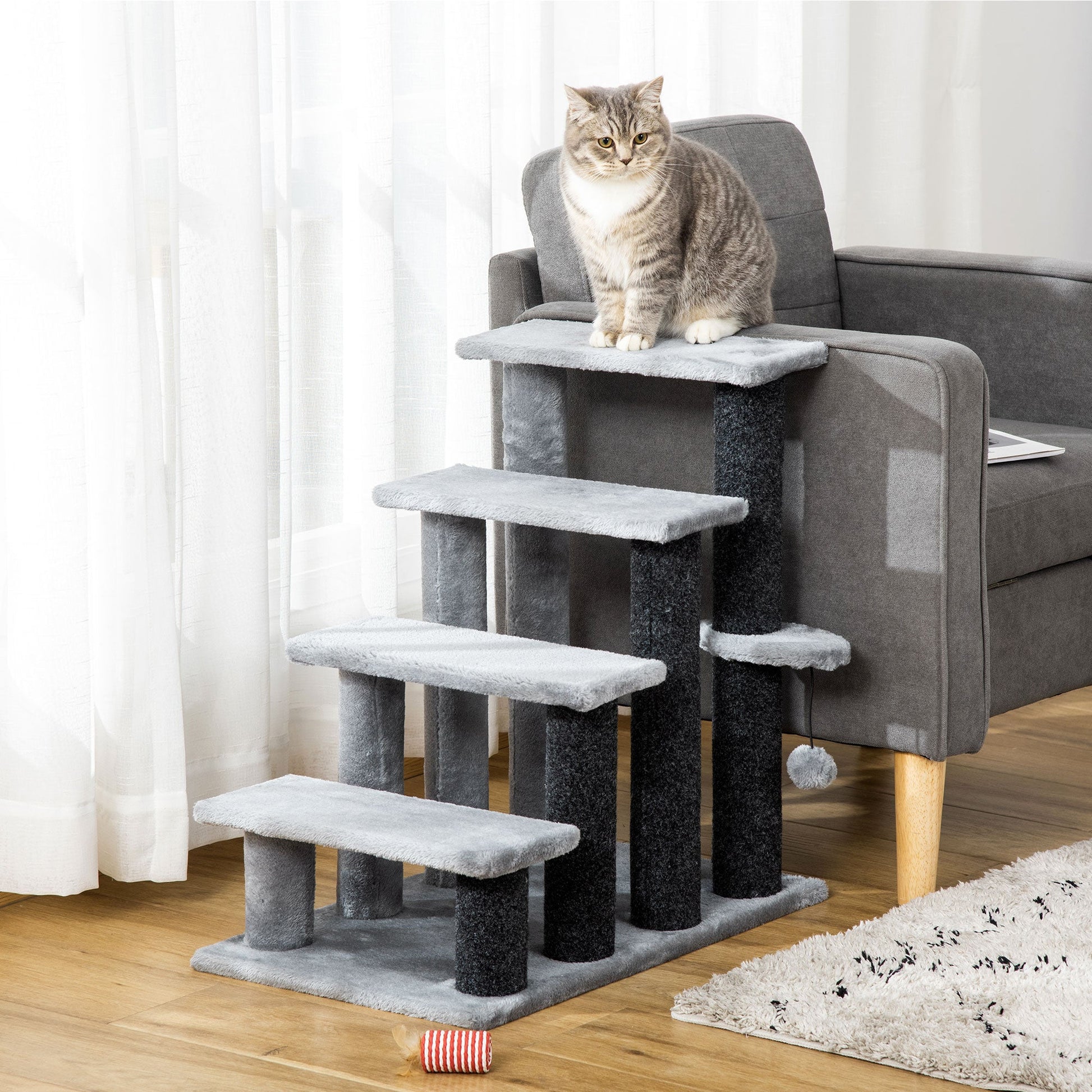 Pet Stairs, Cat Tree Climb Ladder with 4-step Stair, Scratching Posts, Platforms, Toy Ball, for Indoor Cats, Grey