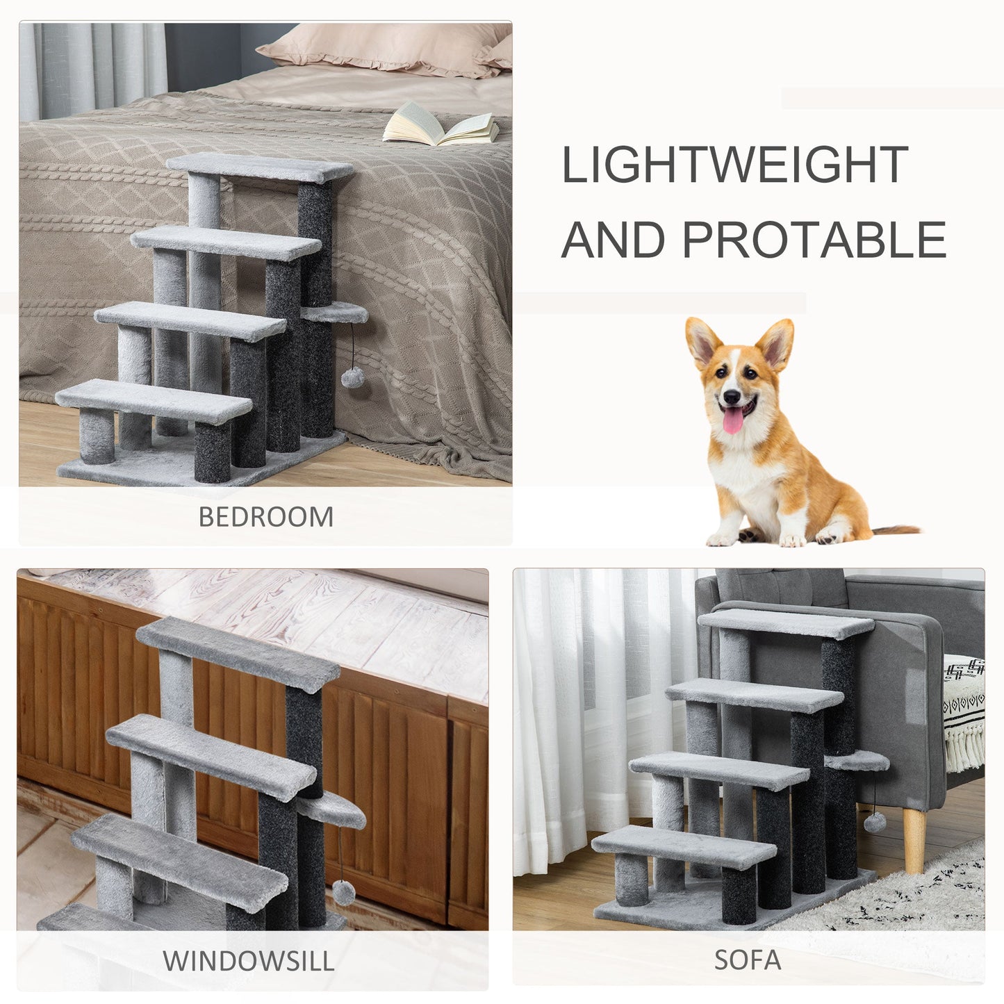 Pet Stairs, Cat Tree Climb Ladder with 4-step Stair, Scratching Posts, Platforms, Toy Ball, for Indoor Cats, Grey