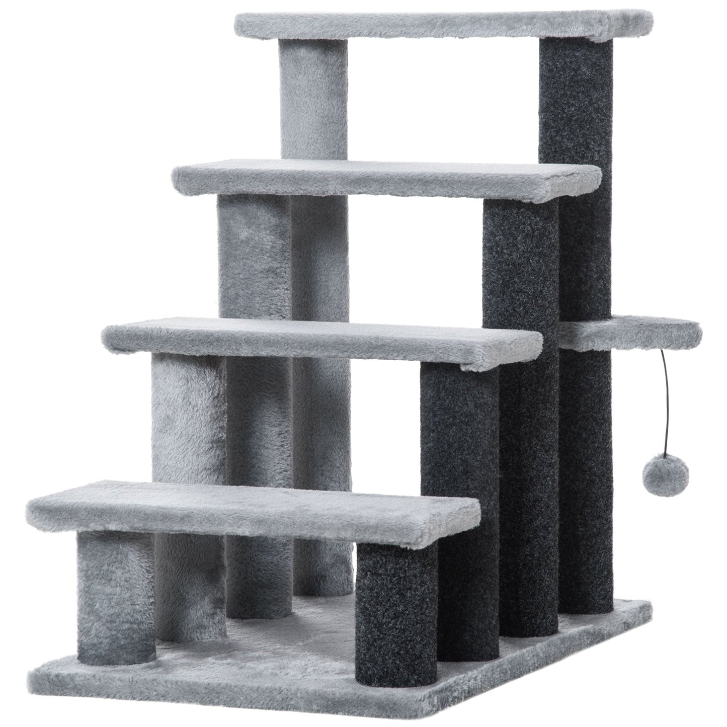 Pet Stairs, Cat Tree Climb Ladder with 4-step Stair, Scratching Posts, Platforms, Toy Ball, for Indoor Cats, Grey