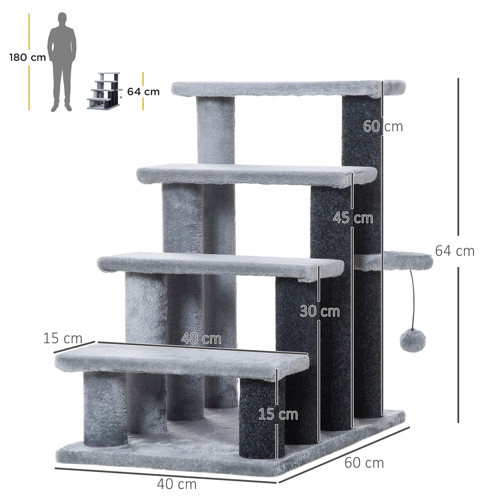 Pet Stairs, Cat Tree Climb Ladder with 4-step Stair, Scratching Posts, Platforms, Toy Ball, for Indoor Cats, Grey