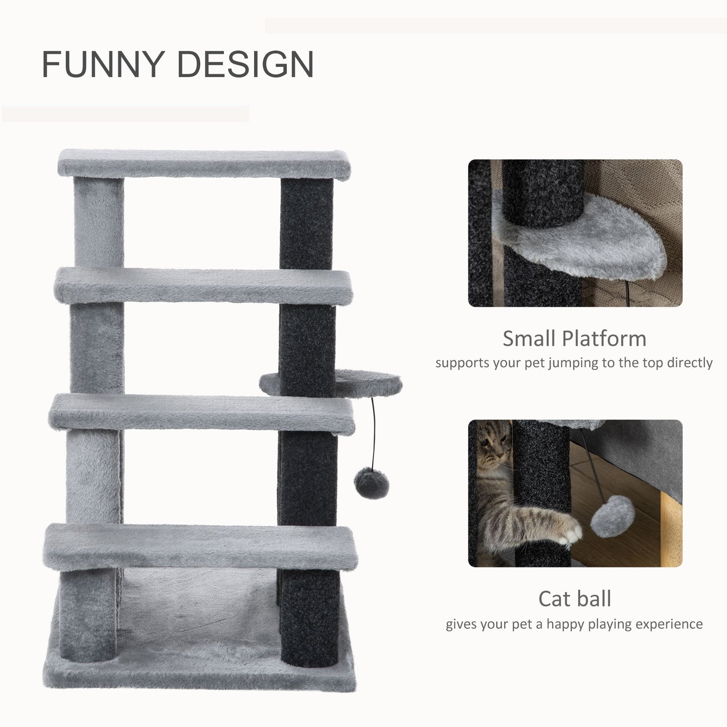 Pet Stairs, Cat Tree Climb Ladder with 4-step Stair, Scratching Posts, Platforms, Toy Ball, for Indoor Cats, Grey