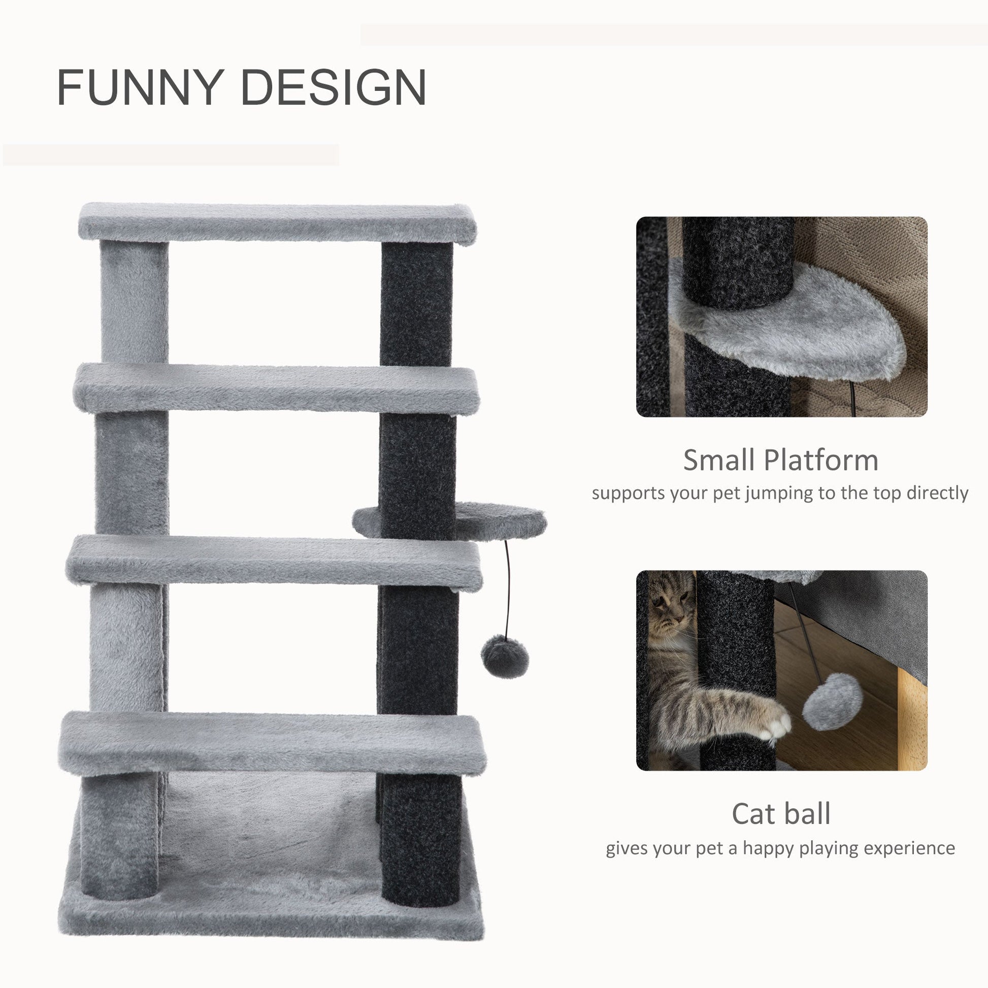 Pet Stairs, Cat Tree Climb Ladder with 4-step Stair, Scratching Posts, Platforms, Toy Ball, for Indoor Cats, Grey