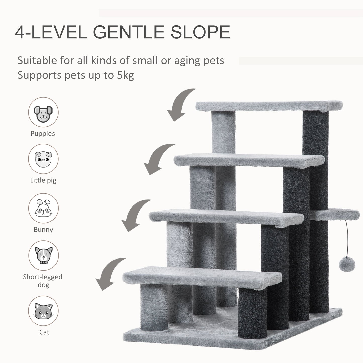 Pet Stairs, Cat Tree Climb Ladder with 4-step Stair, Scratching Posts, Platforms, Toy Ball, for Indoor Cats, Grey