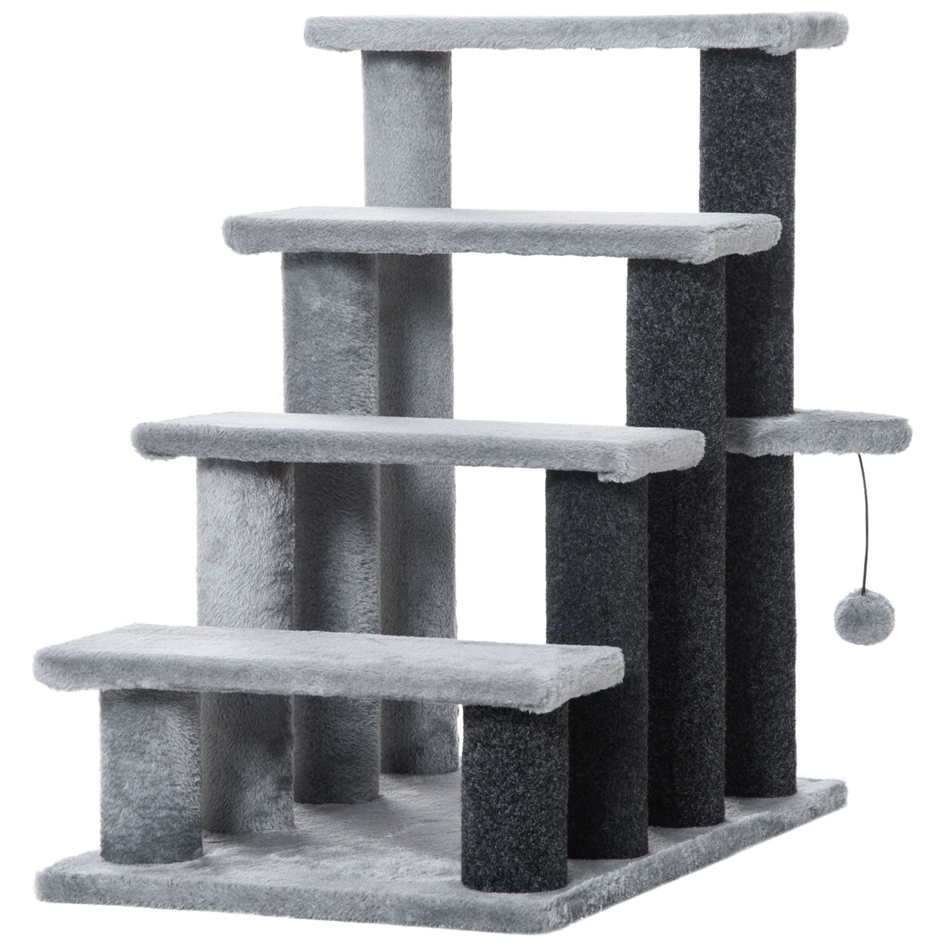 Pet Stairs, Cat Tree Climb Ladder with 4-step Stair, Scratching Posts, Platforms, Toy Ball, for Indoor Cats, Grey