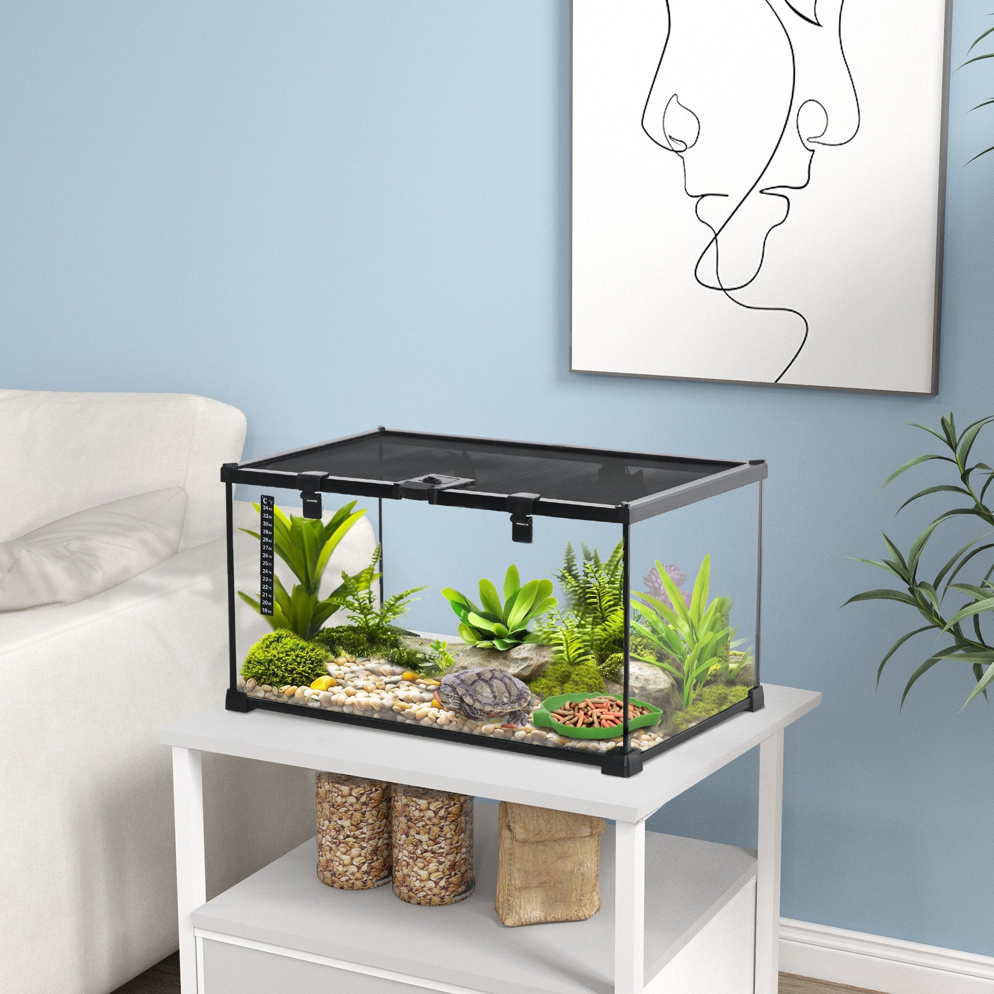 Glass Reptile Terrarium Insect Breeding Tank Vivarium Habitats with Thermometer for Lizards, Horned Frogs, Snakes, Spiders - Medium 50 x 30 x 25cm