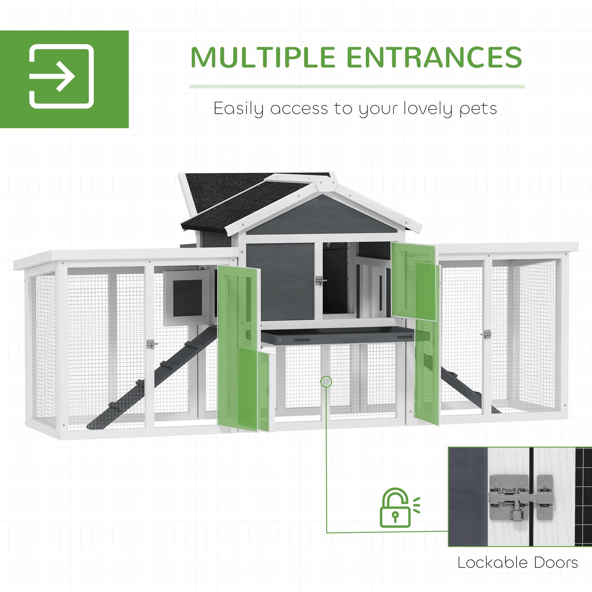 Large Chicken Coop with Run Garden Hen House Poultry Coops Cages with Nesting Box Wooden 204 x 85 x 93cm, Grey