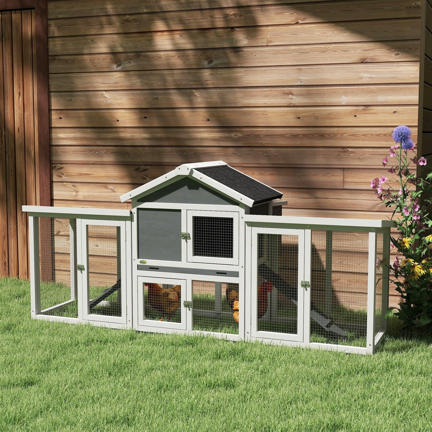 Large Chicken Coop with Run Garden Hen House Poultry Coops Cages with Nesting Box Wooden 204 x 85 x 93cm, Grey