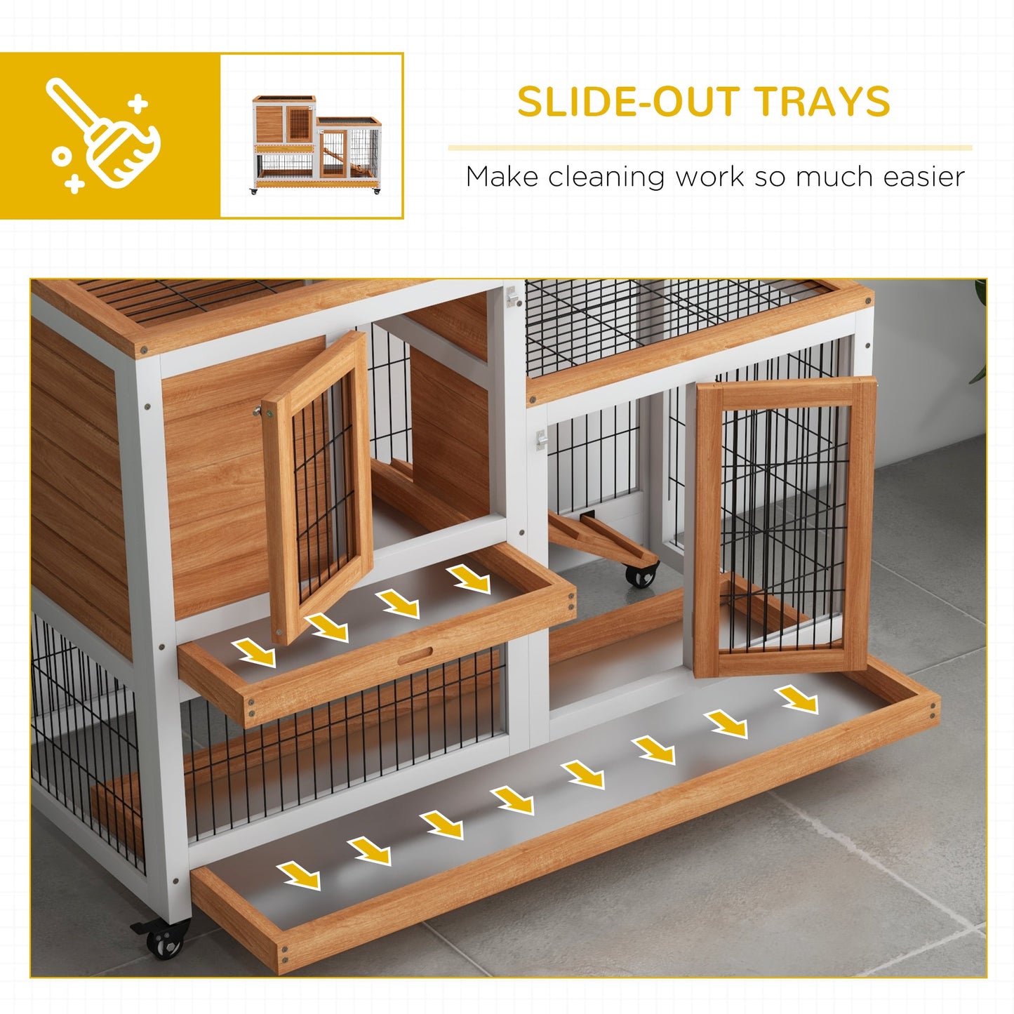 Wooden Indoor Rabbit Hutch, Guinea Pig House, Bunny Small Animal Cage With Wheels, Enclosed Run 110 x 50 x 86 cm, Yellow