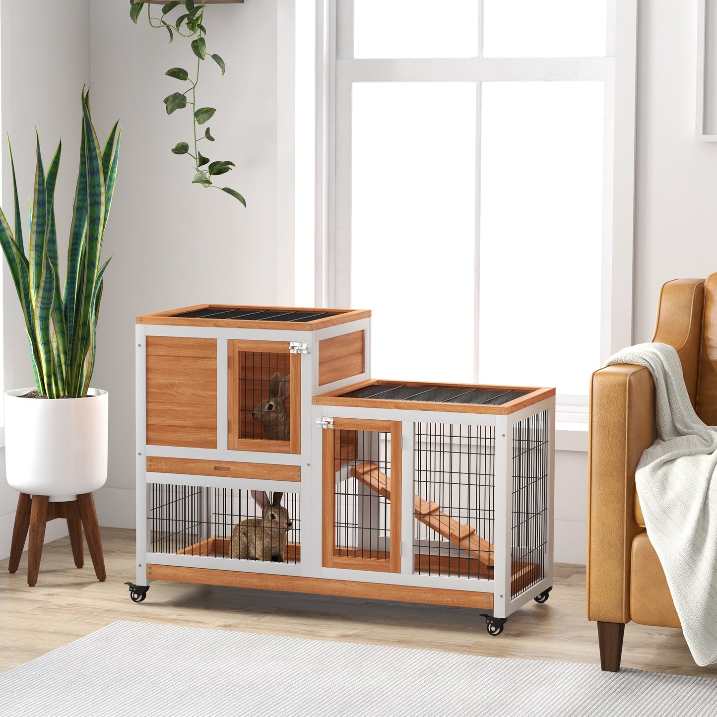 Wooden Indoor Rabbit Hutch, Guinea Pig House, Bunny Small Animal Cage With Wheels, Enclosed Run 110 x 50 x 86 cm, Yellow