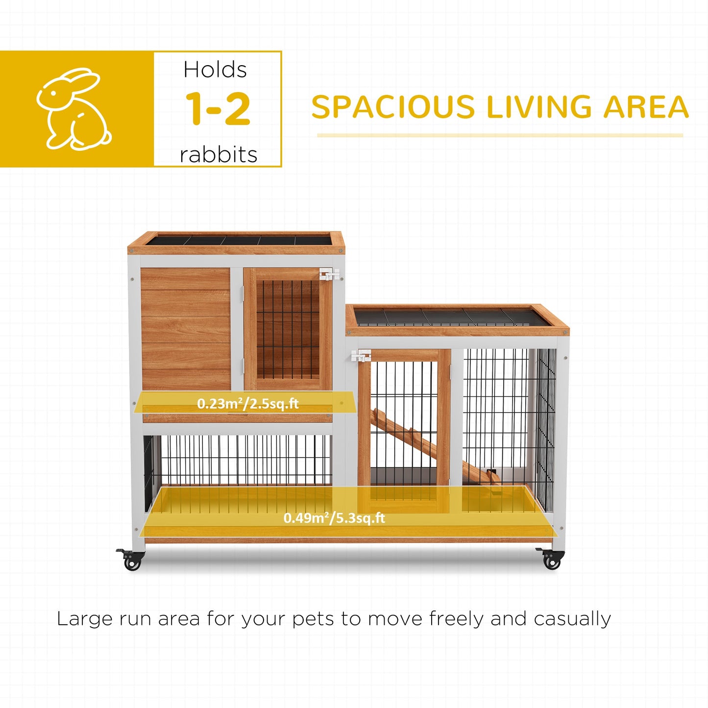 Wooden Indoor Rabbit Hutch, Guinea Pig House, Bunny Small Animal Cage With Wheels, Enclosed Run 110 x 50 x 86 cm, Yellow