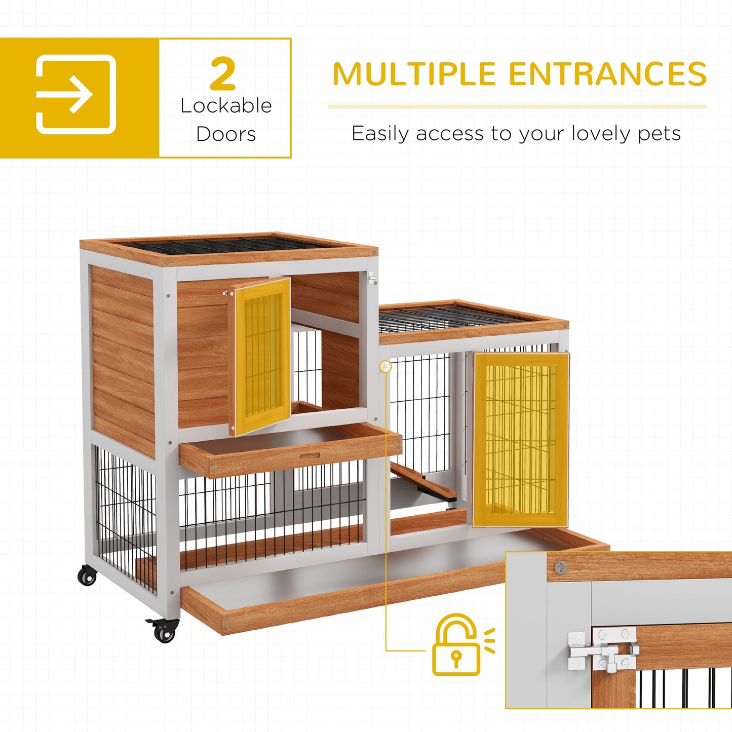 Wooden Indoor Rabbit Hutch, Guinea Pig House, Bunny Small Animal Cage With Wheels, Enclosed Run 110 x 50 x 86 cm, Yellow