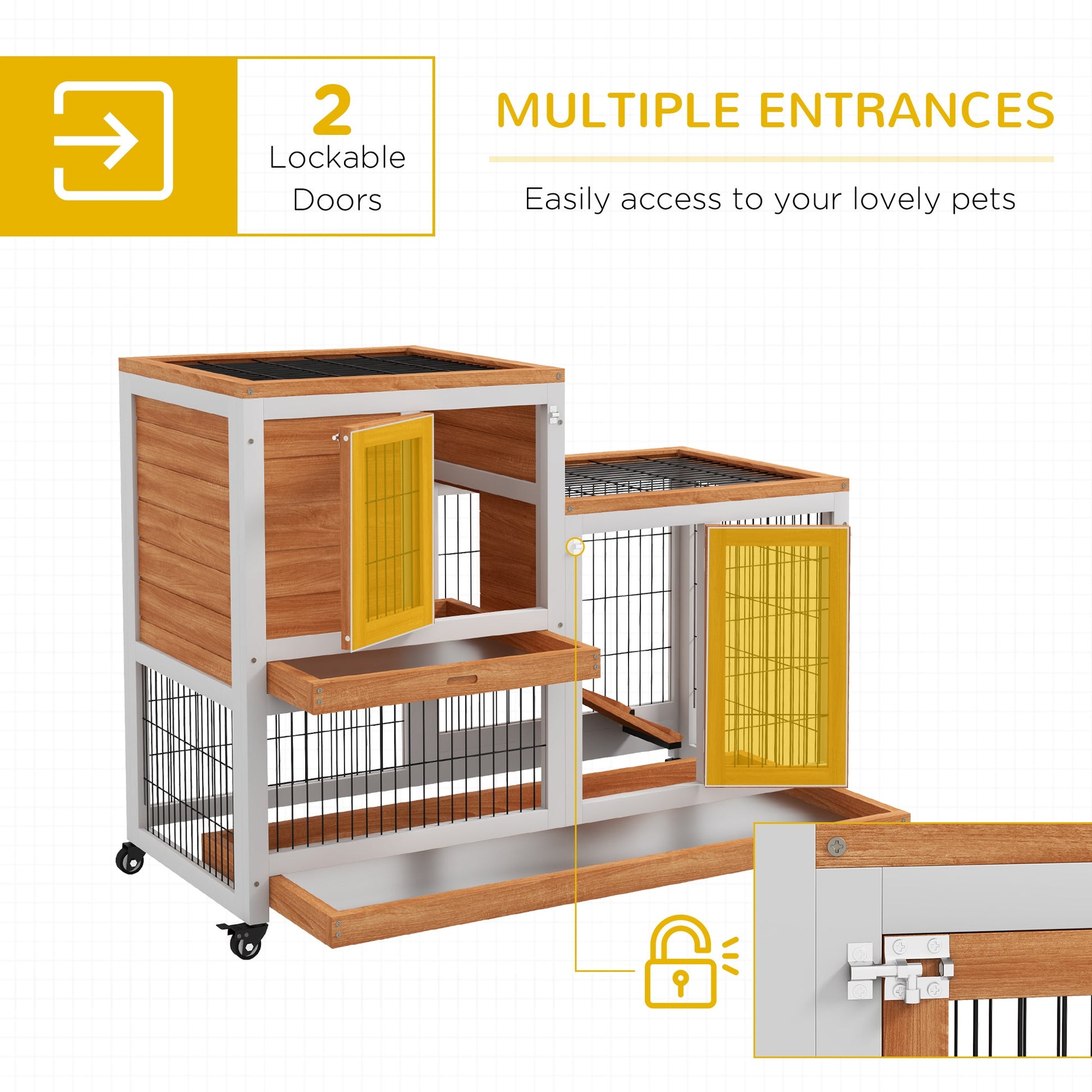 Wooden Indoor Rabbit Hutch, Guinea Pig House, Bunny Small Animal Cage With Wheels, Enclosed Run 110 x 50 x 86 cm, Yellow