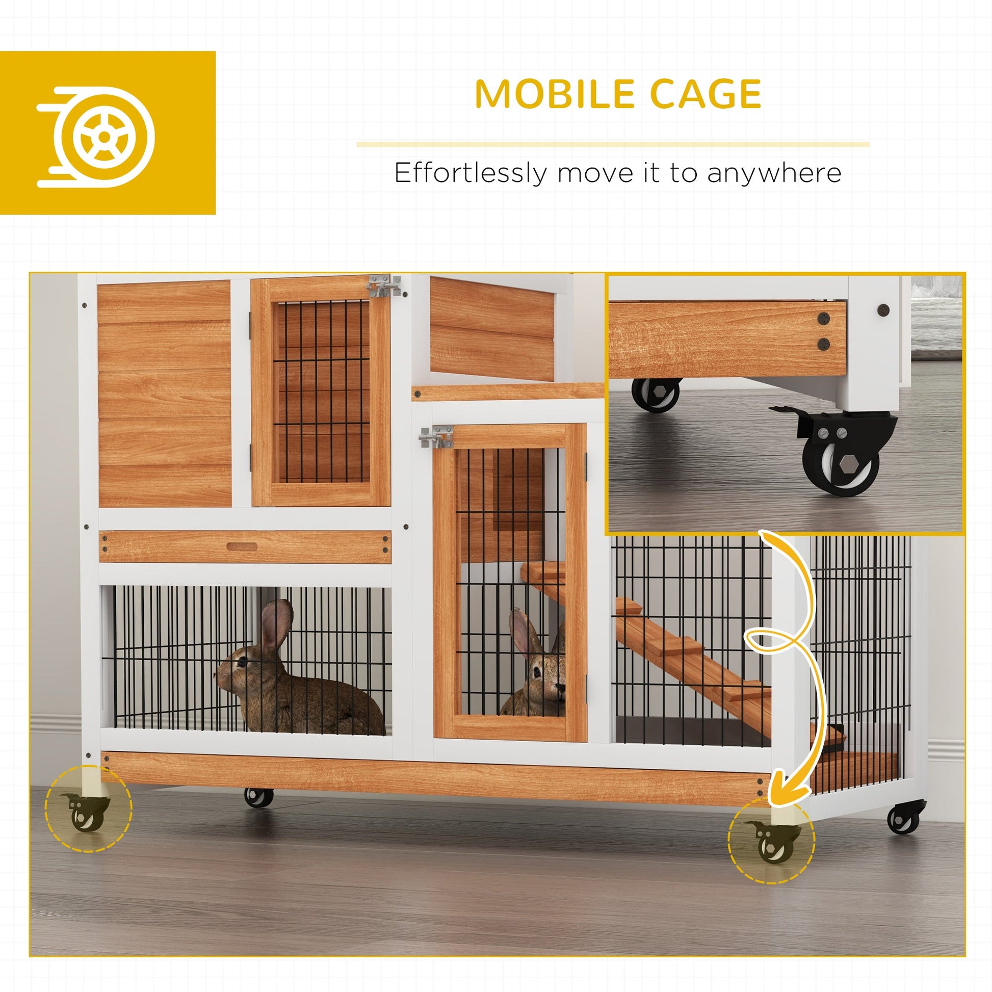 Wooden Indoor Rabbit Hutch, Guinea Pig House, Bunny Small Animal Cage With Wheels, Enclosed Run 110 x 50 x 86 cm, Yellow
