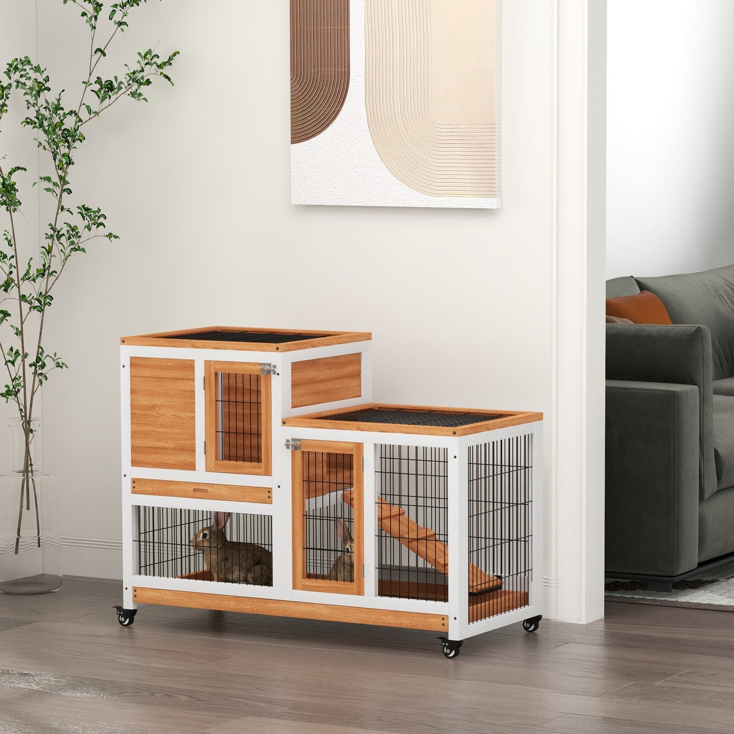 Wooden Indoor Rabbit Hutch, Guinea Pig House, Bunny Small Animal Cage With Wheels, Enclosed Run 110 x 50 x 86 cm, Yellow