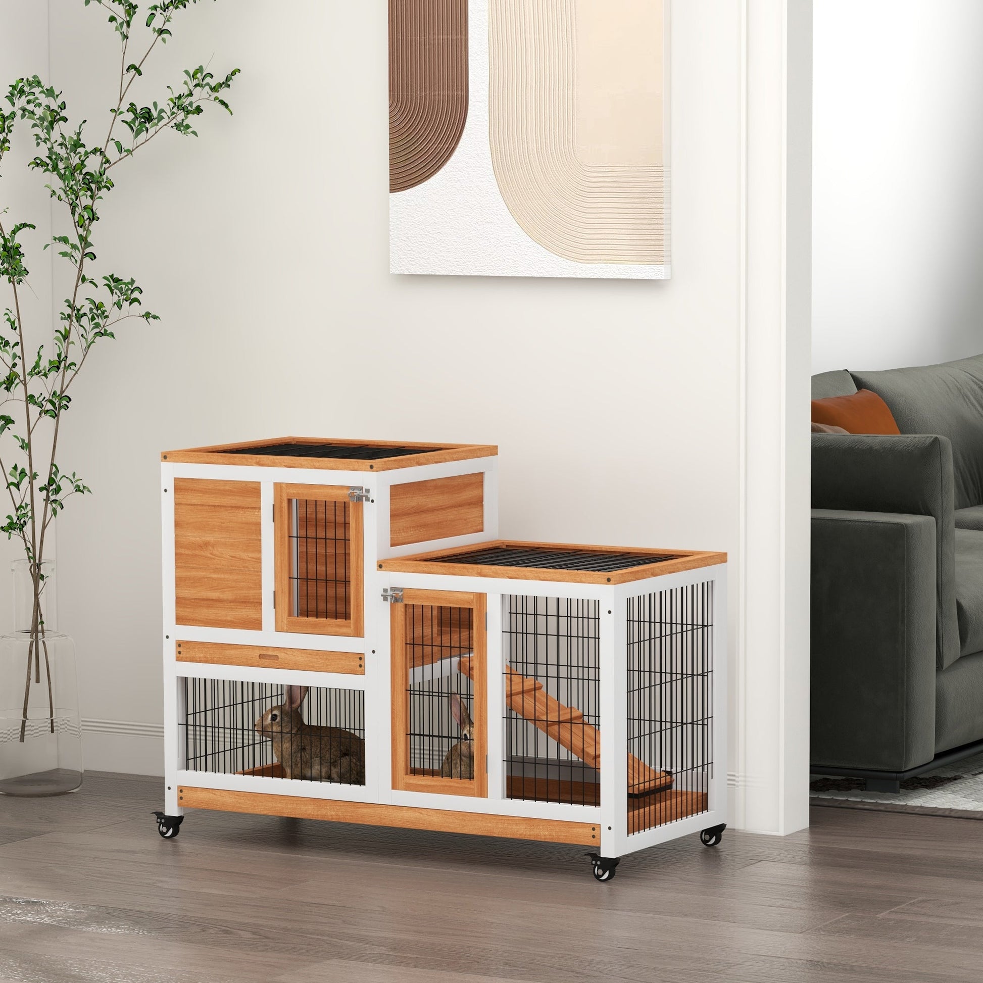 Wooden Indoor Rabbit Hutch, Guinea Pig House, Bunny Small Animal Cage With Wheels, Enclosed Run 110 x 50 x 86 cm, Yellow