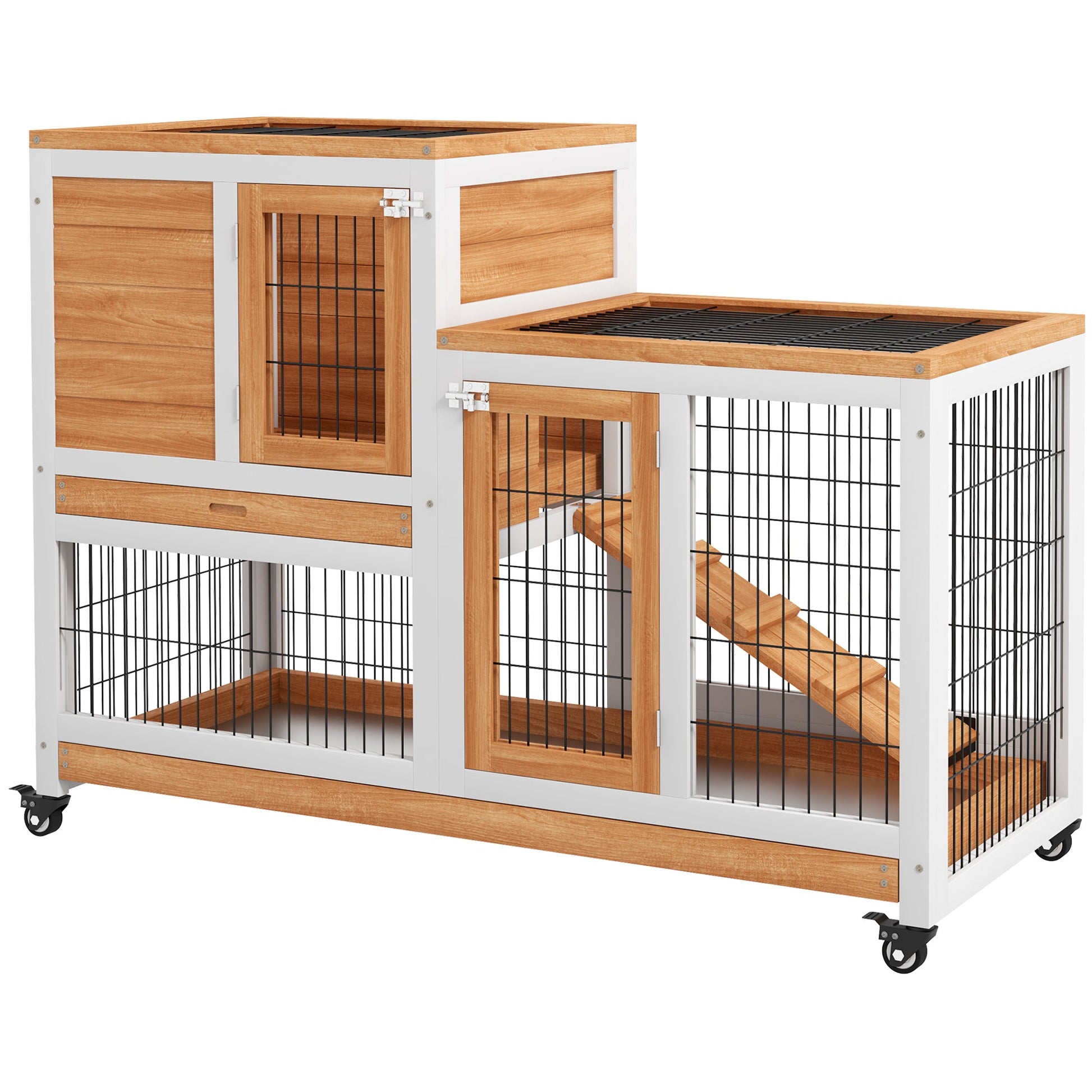Wooden Indoor Rabbit Hutch, Guinea Pig House, Bunny Small Animal Cage With Wheels, Enclosed Run 110 x 50 x 86 cm, Yellow