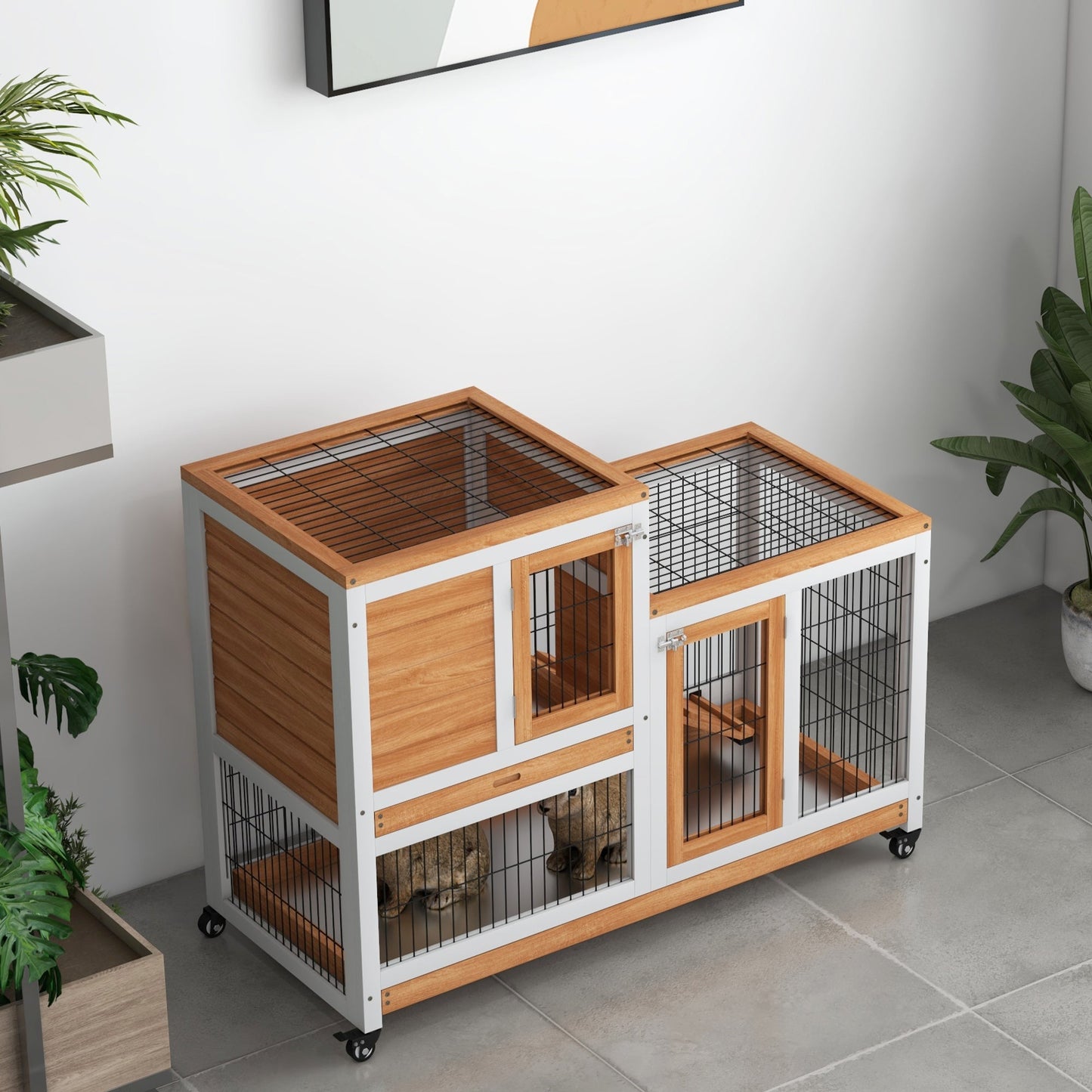 Wooden Indoor Rabbit Hutch, Guinea Pig House, Bunny Small Animal Cage With Wheels, Enclosed Run 110 x 50 x 86 cm, Yellow