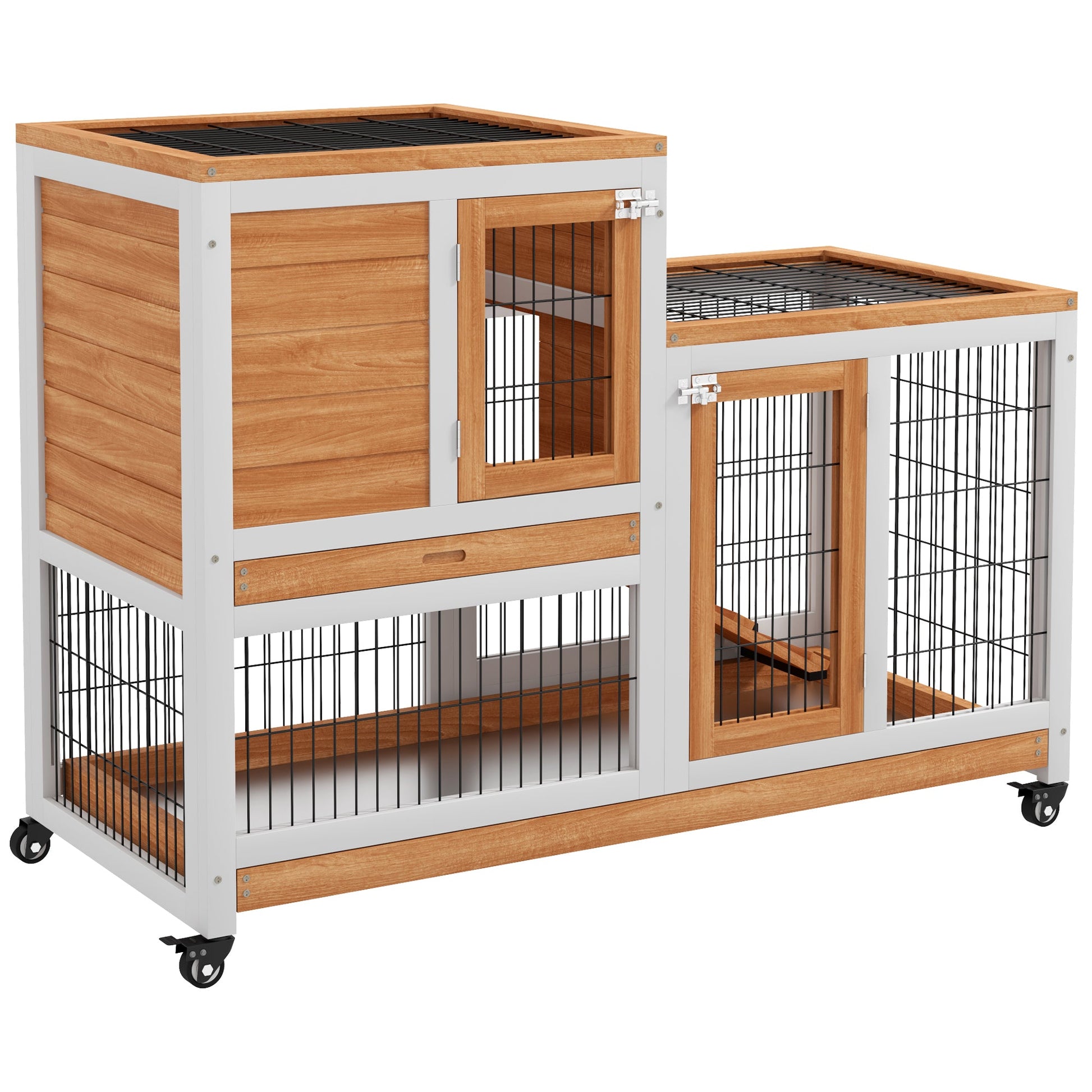 Wooden Indoor Rabbit Hutch, Guinea Pig House, Bunny Small Animal Cage With Wheels, Enclosed Run 110 x 50 x 86 cm, Yellow