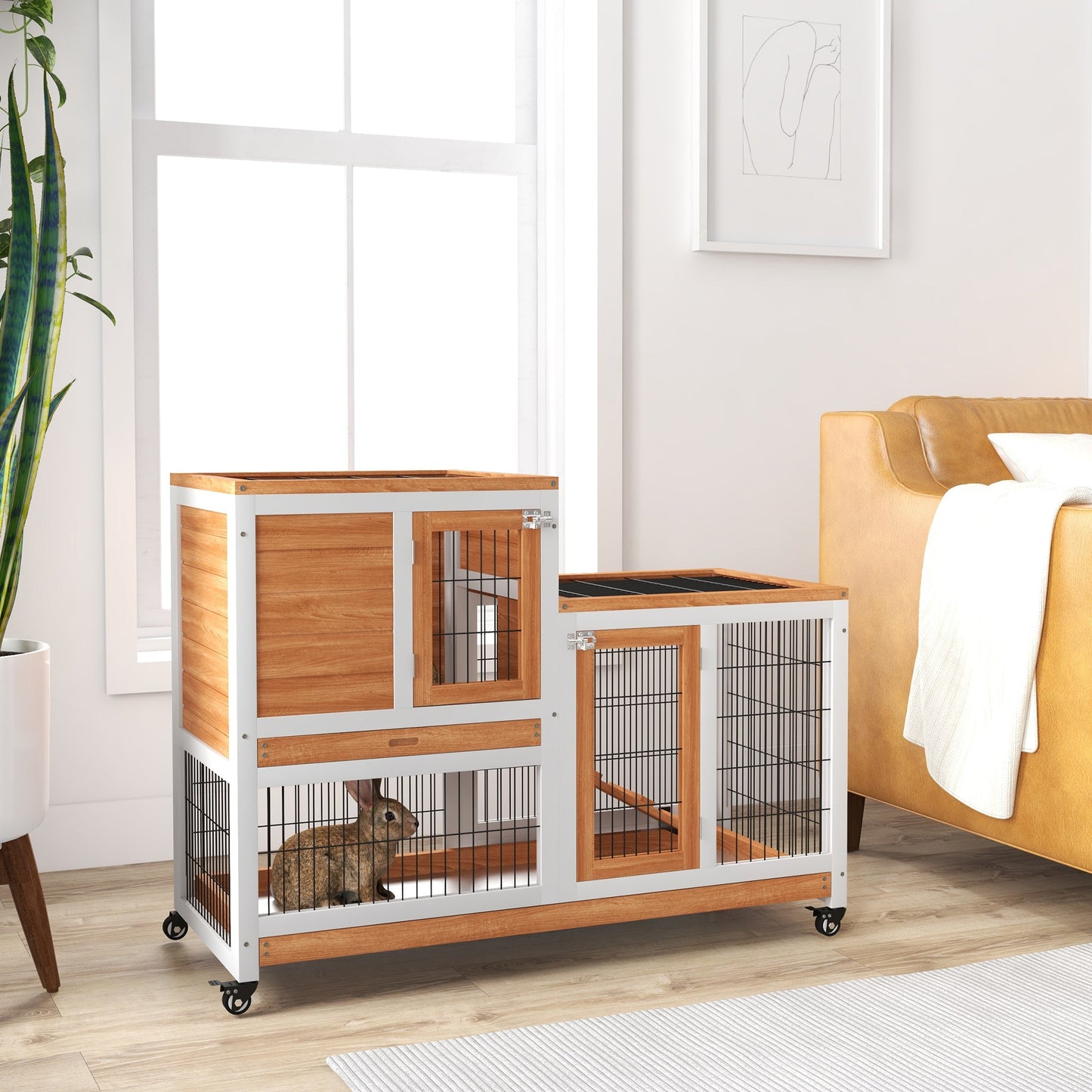 Wooden Indoor Rabbit Hutch, Guinea Pig House, Bunny Small Animal Cage With Wheels, Enclosed Run 110 x 50 x 86 cm, Yellow