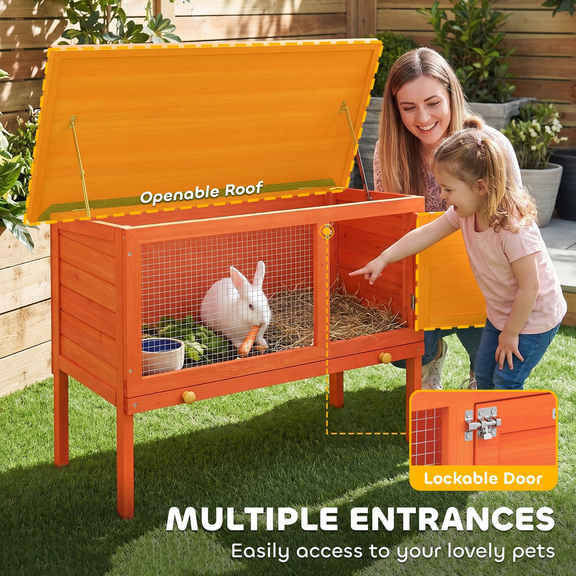 Wooden Rabbit Hutch, Guinea Pig Hutch with Openable Asphalt Roof and Pull-Out Tray, Outdoor Elevated Bunny House for Rabbits, Chinchillas and Small Animals, Indoor Outdoor Use, Orange