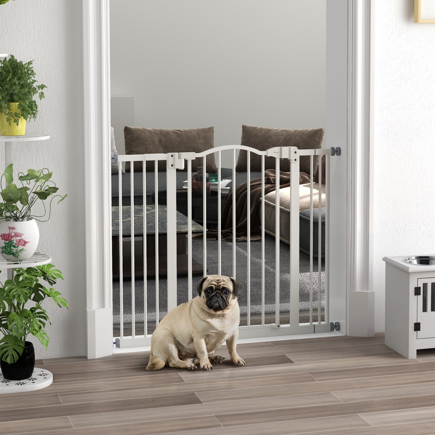 Pressure Fit Dog Stair Gate No Drilling Safety Gate Auto Close for Doorways, Hallways, 74-100cm Adjustable, 78cm Tall, White