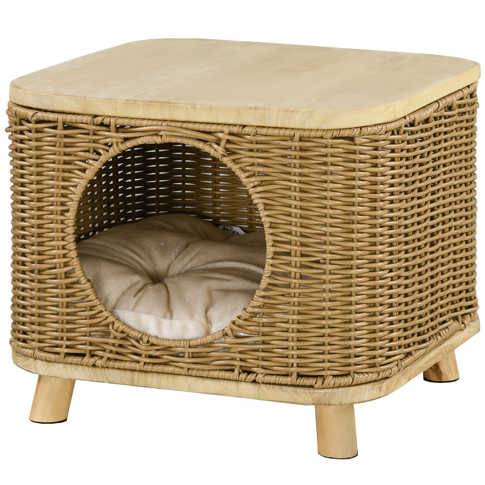 Wicker Cat House, Elevated Design Rattan Cat Bed Basket with Washable Soft Cushion, Door Hole, for Indoor Cats Kittens, Light Brown