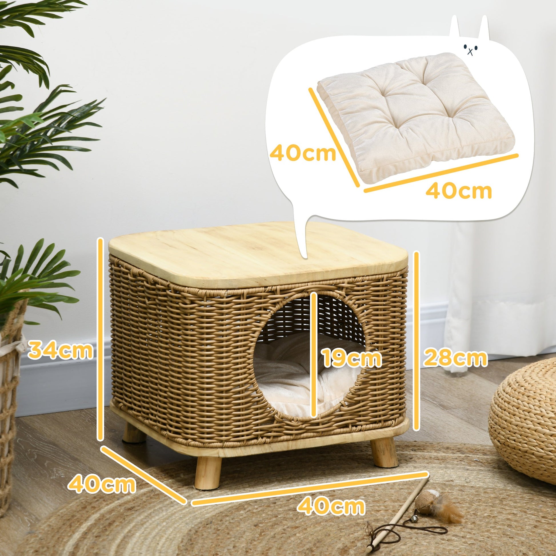 Wicker Cat House, Elevated Design Rattan Cat Bed Basket with Washable Soft Cushion, Door Hole, for Indoor Cats Kittens, Light Brown