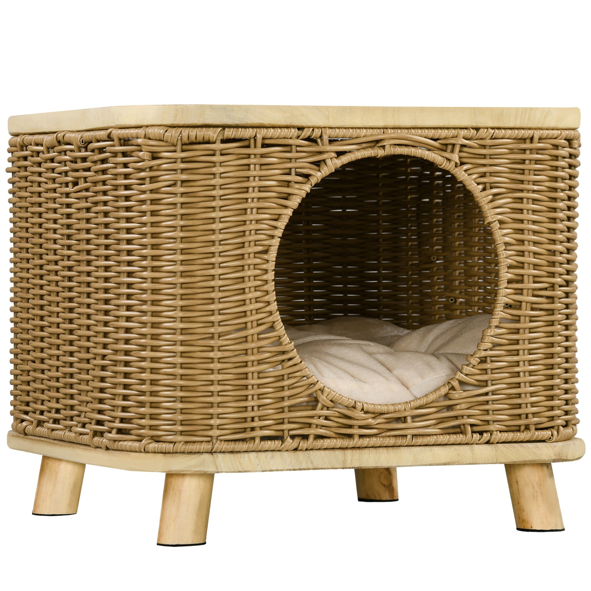 Wicker Cat House, Elevated Design Rattan Cat Bed Basket with Washable Soft Cushion, Door Hole, for Indoor Cats Kittens, Light Brown